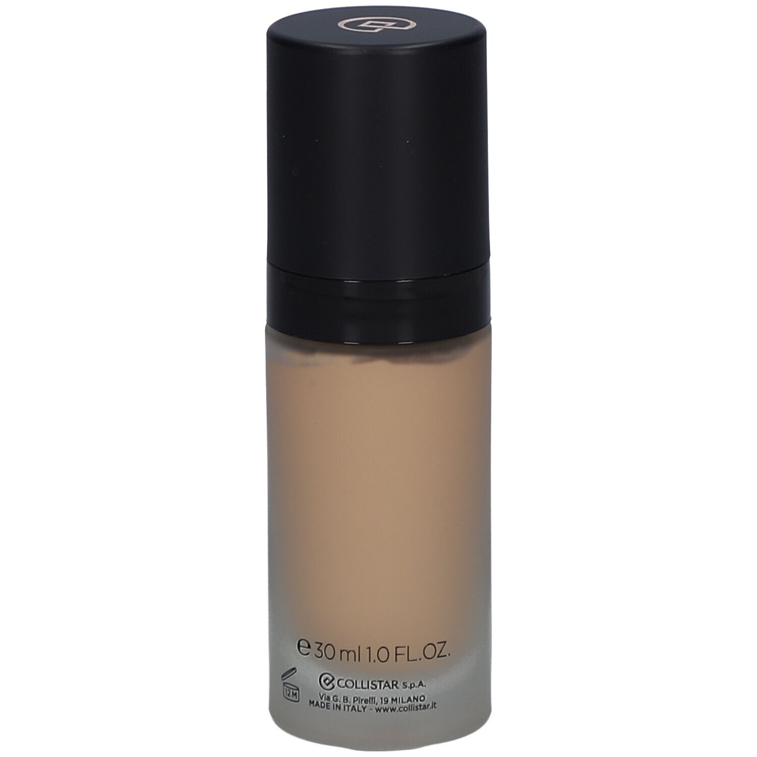 Beige Foundation-Flakon mit schwarzem Deckel. Aufschrift: Collistar, e30ml 1.0 FL.OZ.