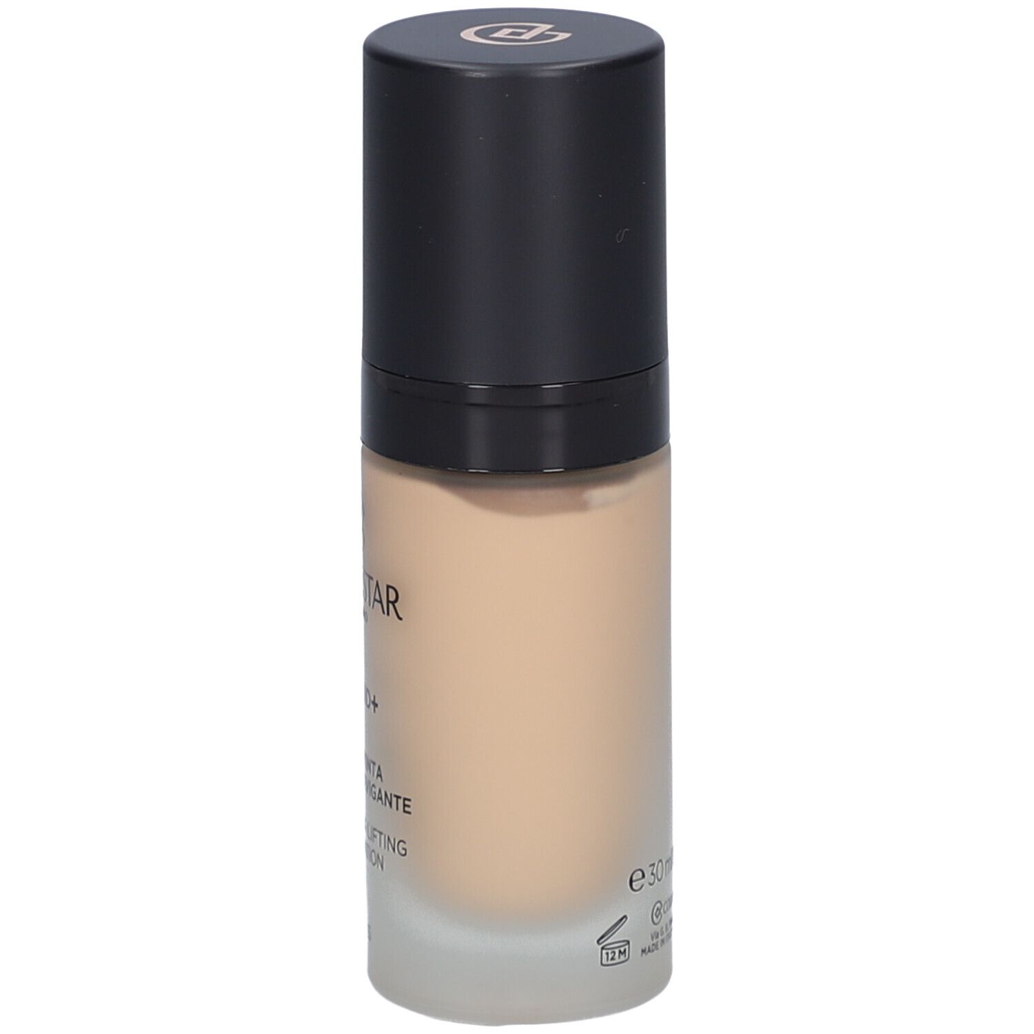Beige Foundation-Flakon mit schwarzem Deckel. Aufschrift: Collistar, Lift HD+, Smoothing Lifting Foundation, e30ml.