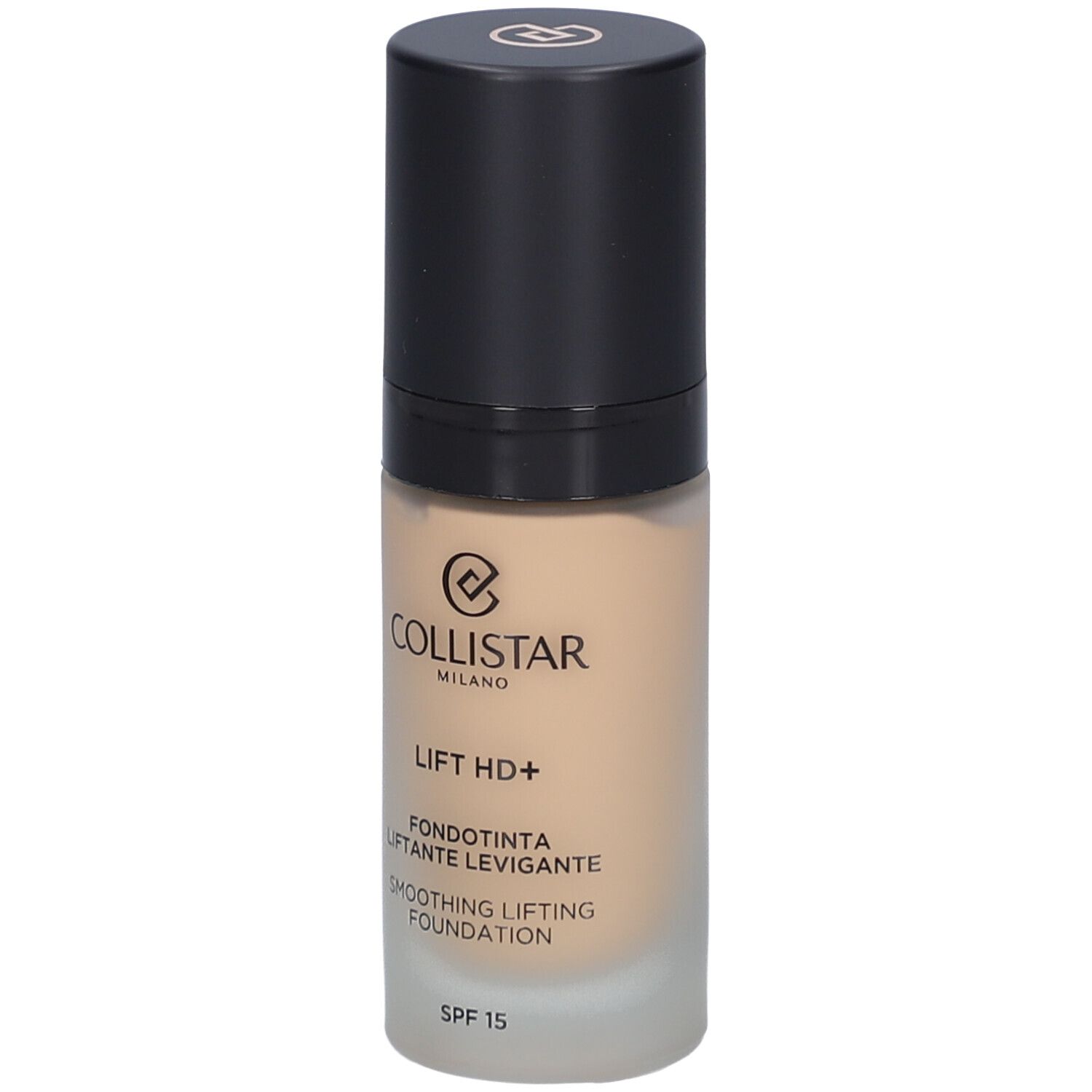 Beige Foundation-Flakon mit schwarzem Deckel. Aufschrift: Collistar, Lift HD+, Smoothing Lifting Foundation, SPF 15.