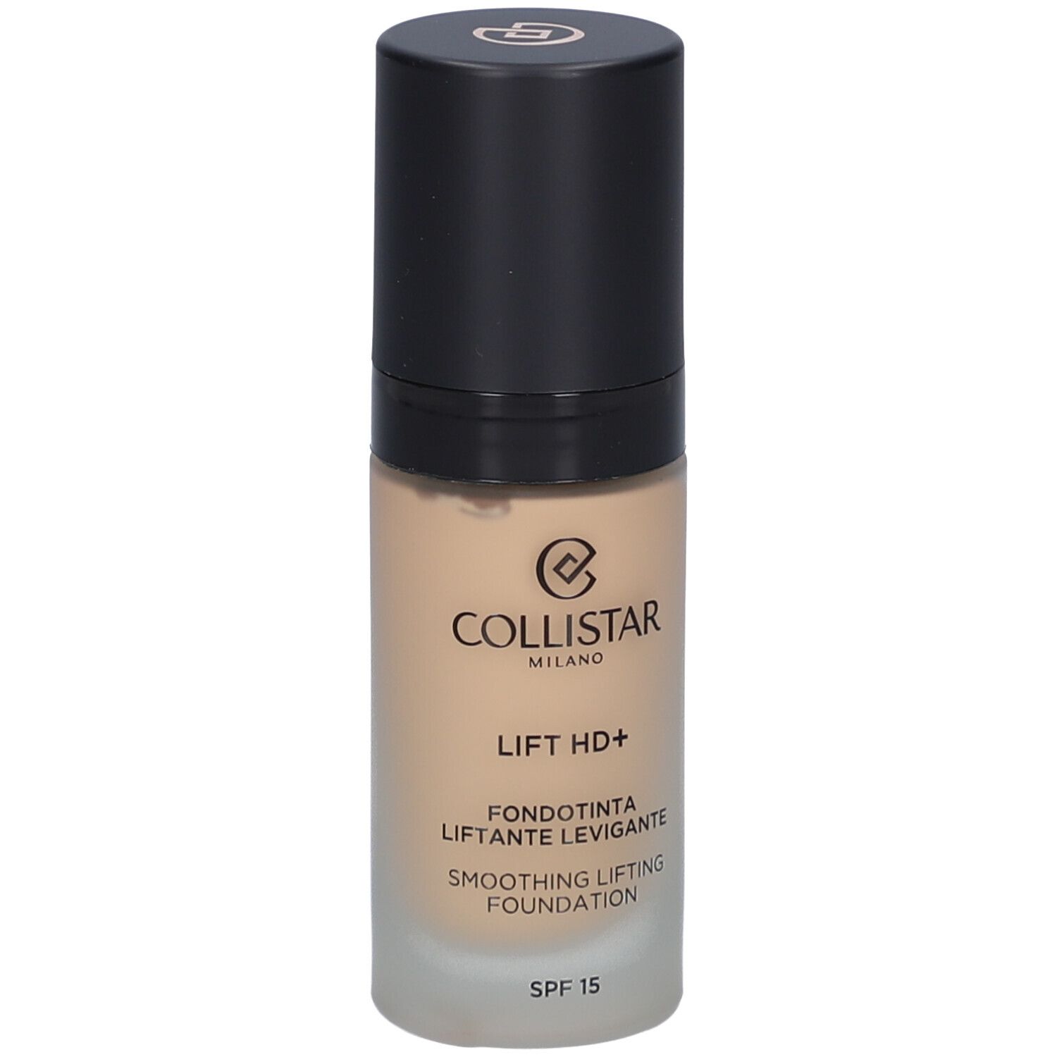 Beige Foundation-Flakon mit schwarzem Deckel. Aufschrift: Collistar, Lift HD+, Smoothing Lifting Foundation, SPF 15.