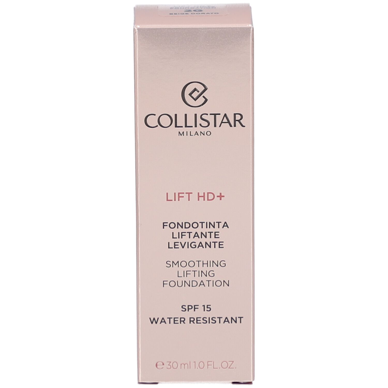 Verpackung. Aufschrift: Collistar, Lift HD+, Smoothing Lifting Foundation, SPF 15, Water Resistant, e30ml.