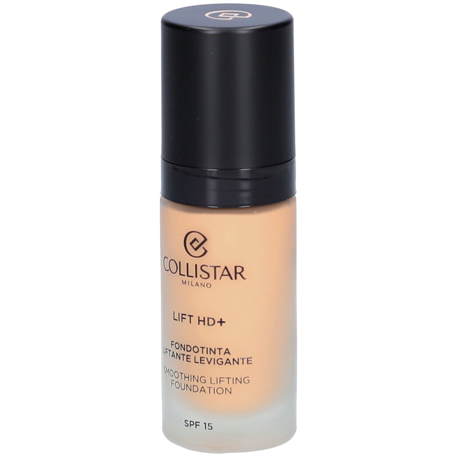 Beige Foundation-Flakon mit schwarzem Deckel. Aufschrift: Collistar, Lift HD+, Fondotinta, SPF 15.