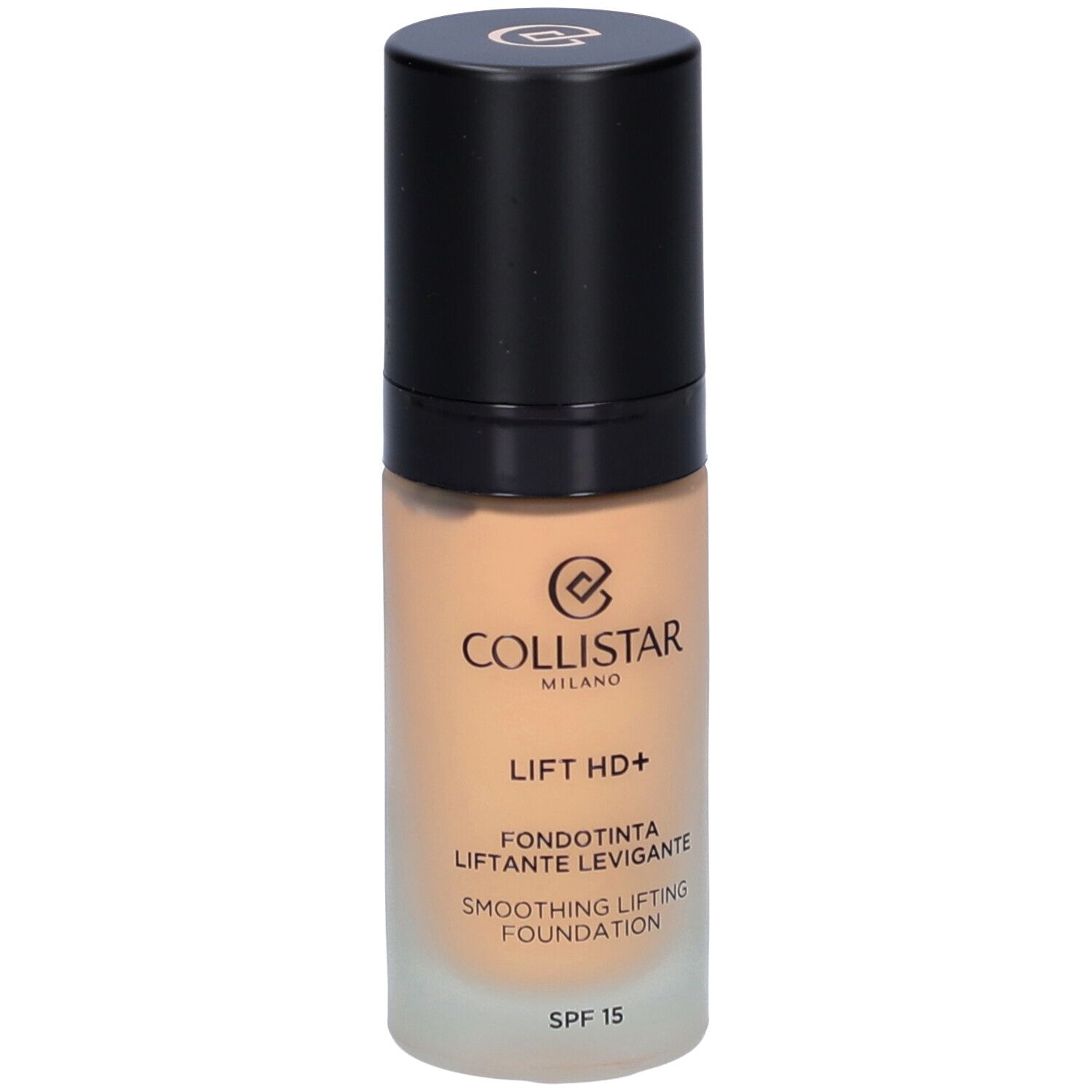 Beige Foundation-Flakon mit schwarzem Deckel. Aufschrift: Collistar, Lift HD+, Fondotinta, SPF 15.