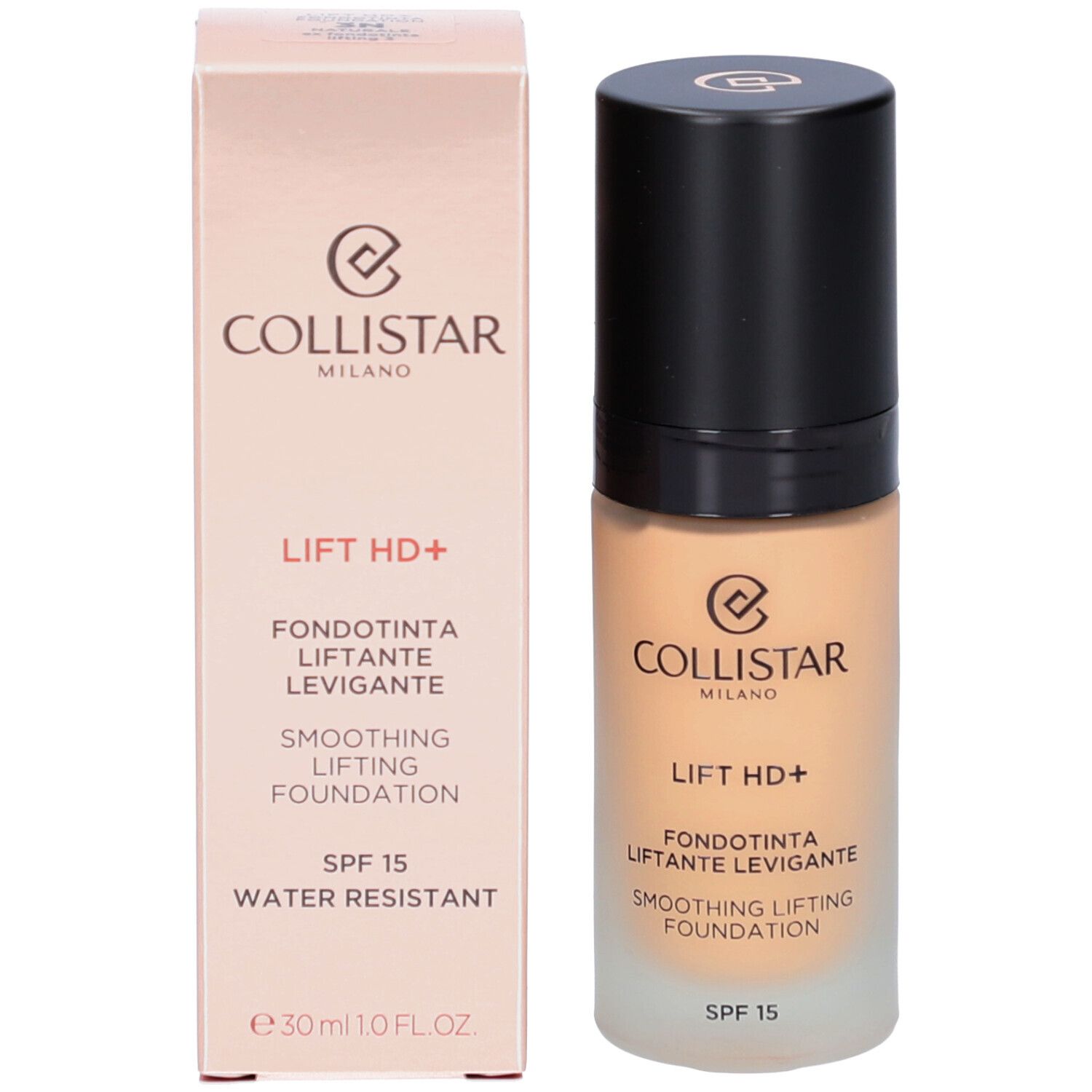 Foundation-Flakon und Verpackung. Aufschrift: Collistar, Lift HD+, Fondotinta, SPF 15, Water Resistant.
