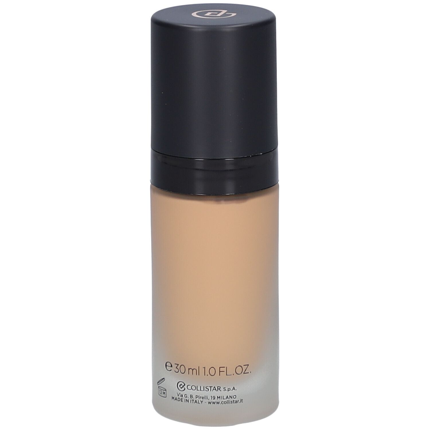 Beige Foundation-Flakon mit schwarzem Deckel. Aufschrift: Collistar, Lift HD+, Smoothing Lifting Foundation, 30ml.