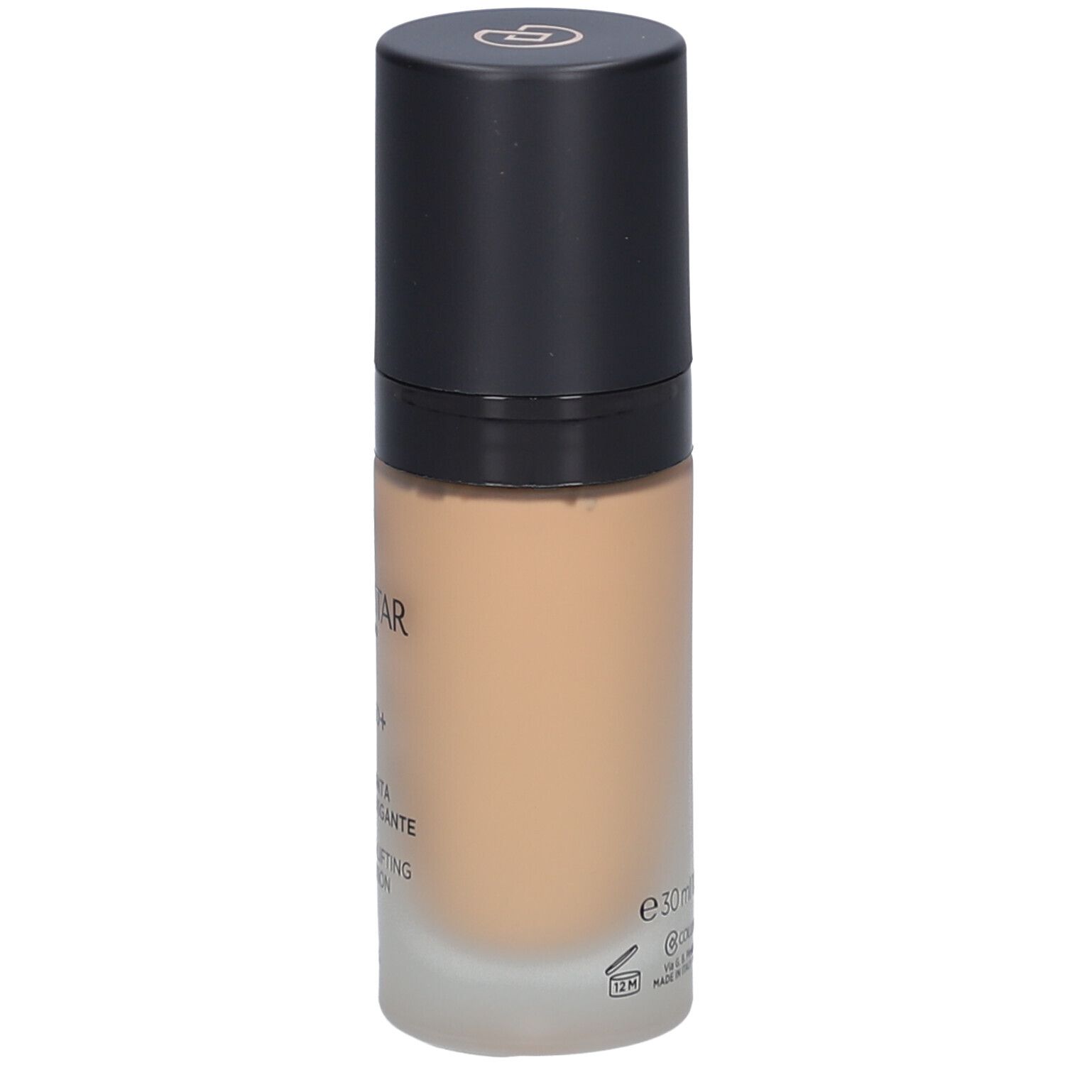 Beige Foundation-Flakon mit schwarzem Deckel. Aufschrift: Collistar, Lift HD+, Smoothing Lifting Foundation, 30ml.