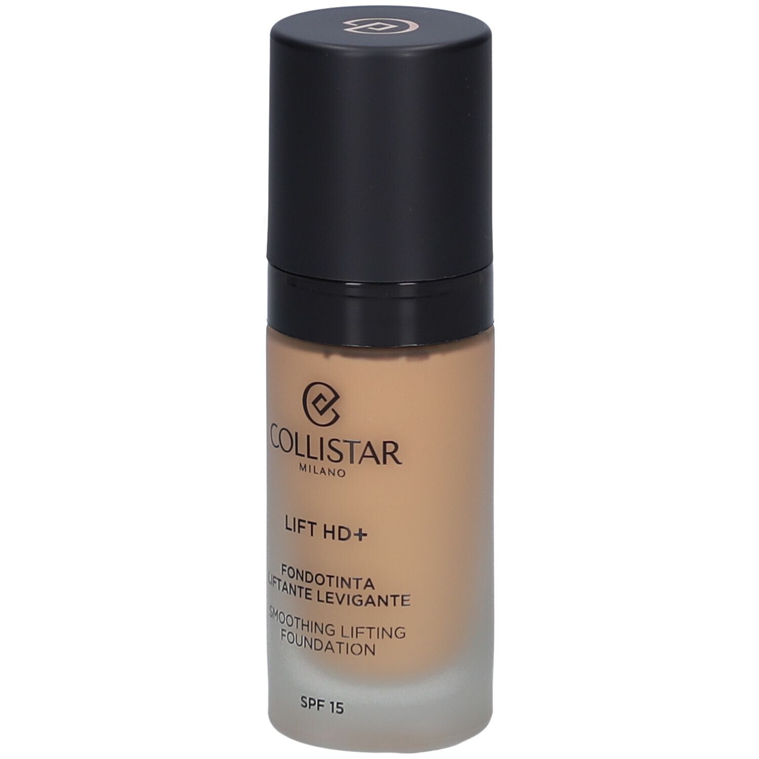 Beige Foundation-Flakon mit schwarzem Deckel. Aufschrift: Collistar, Lift HD+, Smoothing Lifting Foundation, SPF 15.