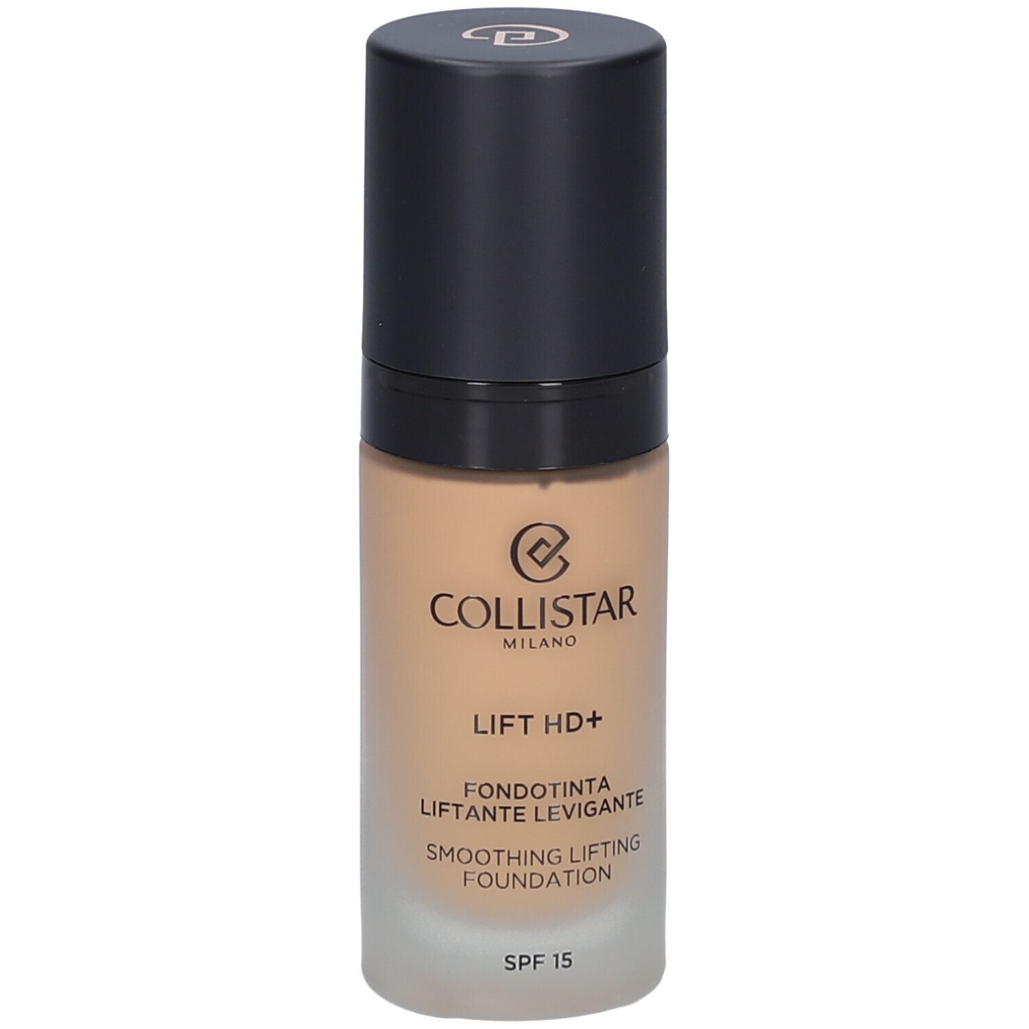 Beige Foundation-Flakon mit schwarzem Deckel. Aufschrift: Collistar, Lift HD+, Smoothing Lifting Foundation, SPF 15.