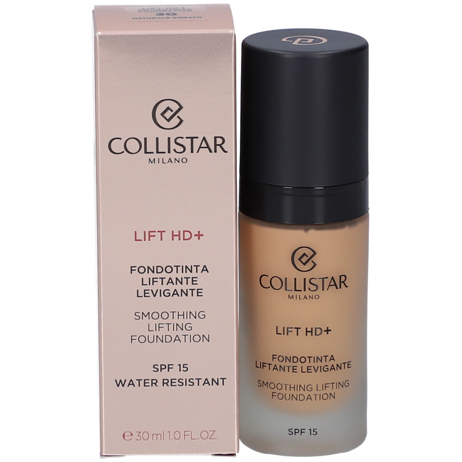 Foundation-Flakon und Verpackung. Aufschrift: Collistar, Lift HD+, Smoothing Lifting Foundation, SPF 15, Water Resistant, 30ml.