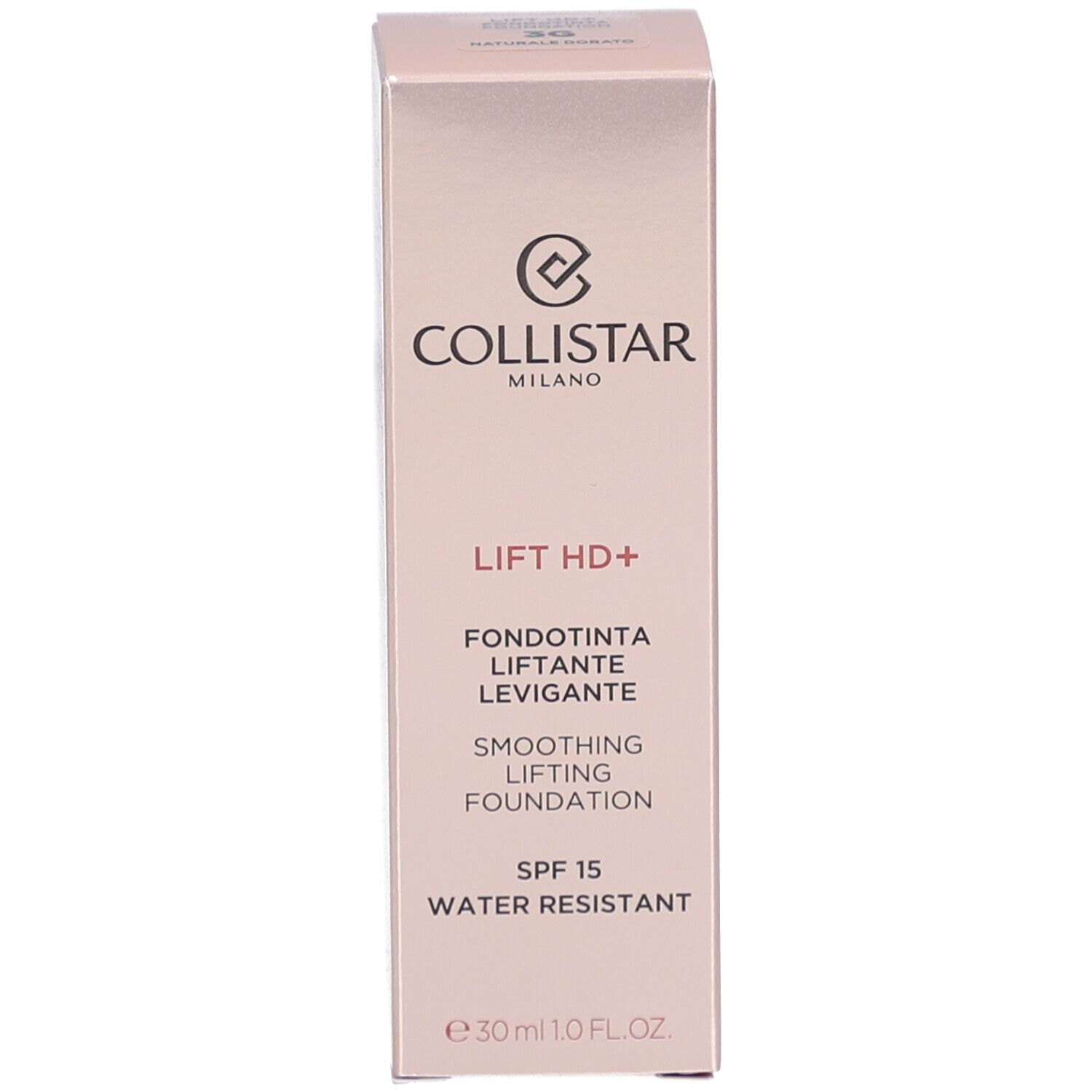 Verpackung mit Aufschrift: Collistar, Lift HD+, Smoothing Lifting Foundation, SPF 15, Water Resistant, 30ml.