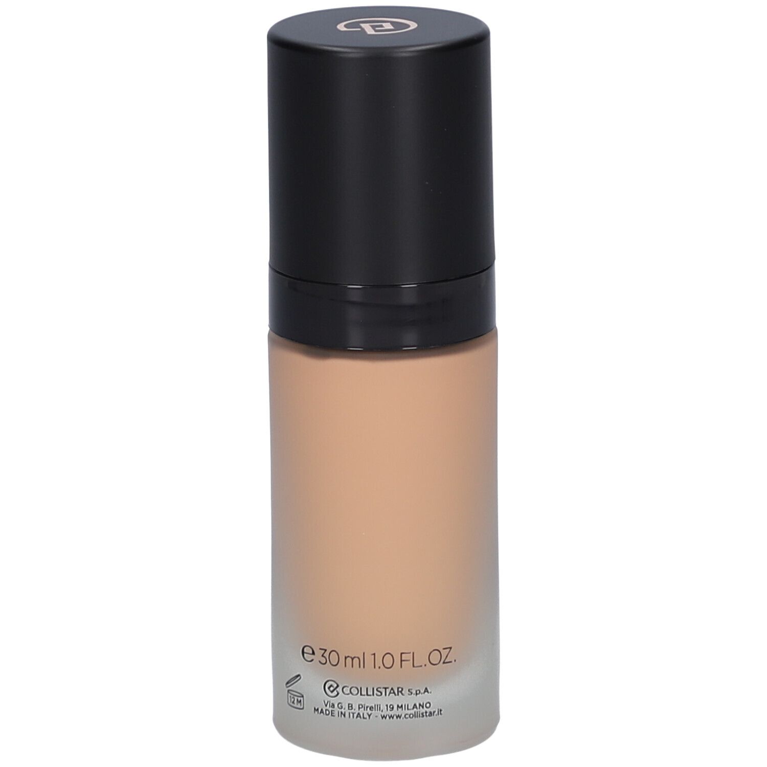 Beige Foundation-Flakon mit schwarzem Deckel. Aufschrift: Collistar, Lift HD+, Smoothing Lifting Foundation, e30ml 1.0 FL.OZ.