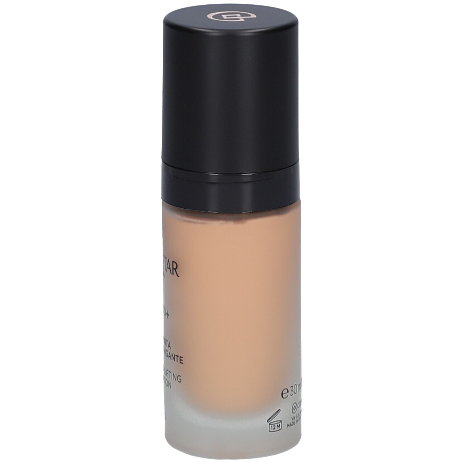 Beige Foundation-Flakon mit schwarzem Deckel. Aufschrift: Collistar, Lift HD+, Smoothing Lifting Foundation, e30ml.