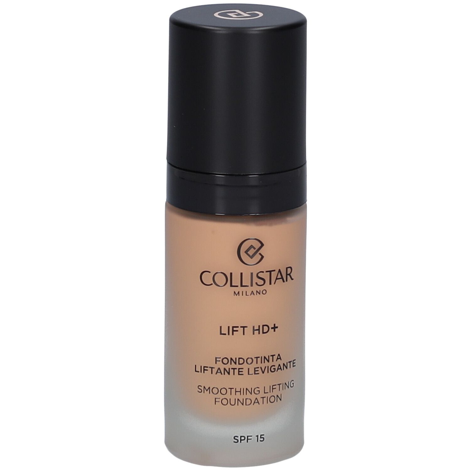 Beige Foundation-Flakon mit schwarzem Deckel. Aufschrift: Collistar, Lift HD+, Smoothing Lifting Foundation, SPF 15.