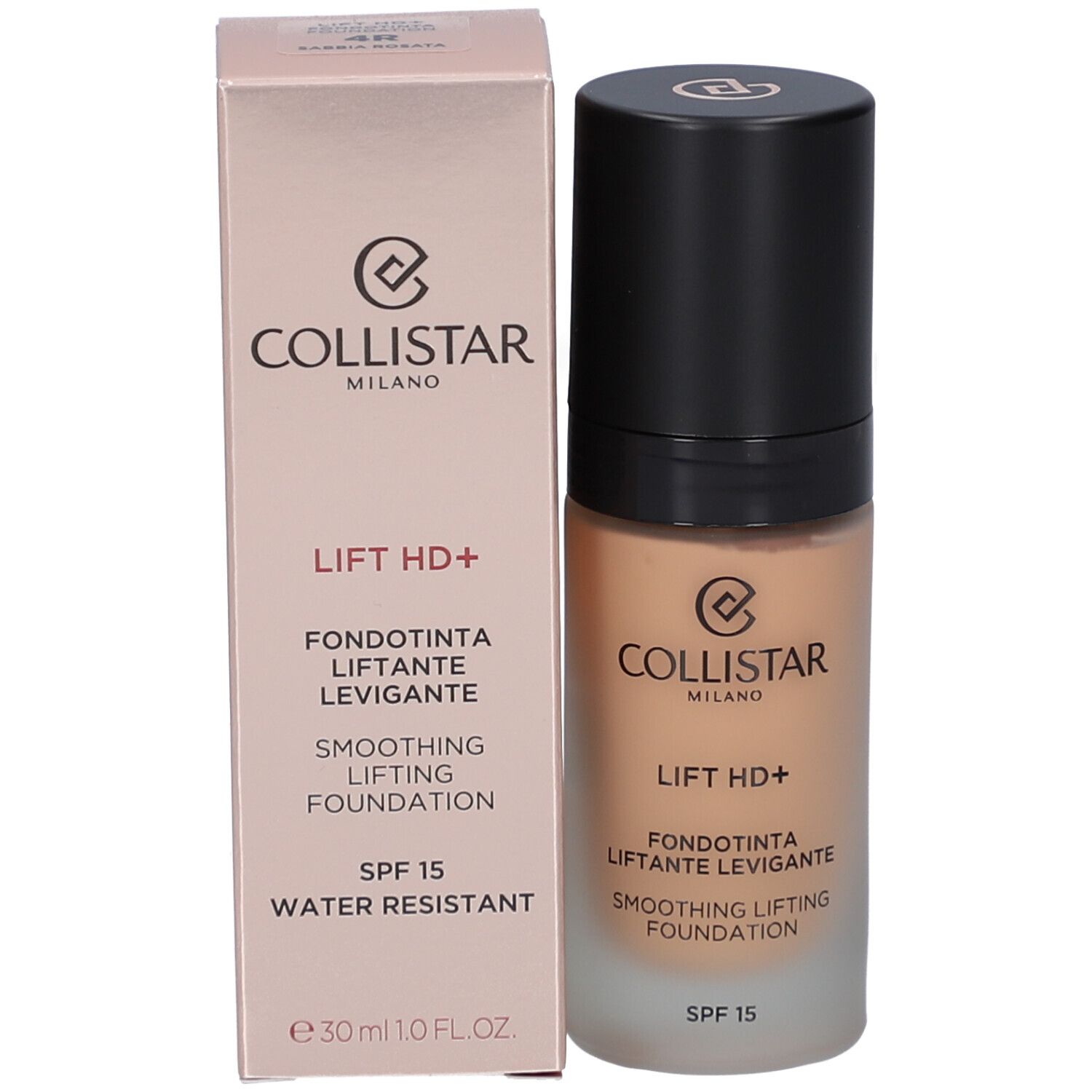 Foundation-Flakon und Schachtel. Aufschrift: Collistar, Lift HD+, Smoothing Lifting Foundation, SPF 15, Water Resistant.