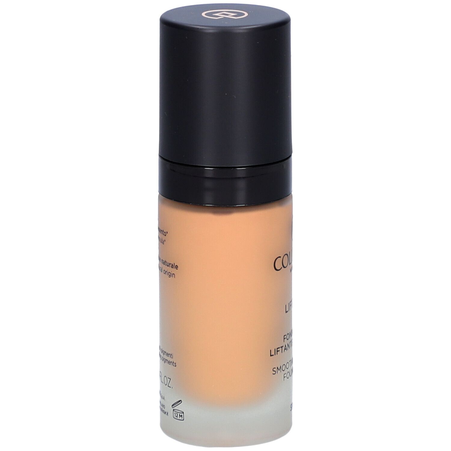 Foundation-Flakon, Rückseite. Aufschrift: Collistar, Inhaltsstoffe, 30 ml, 1.0 FL.OZ.