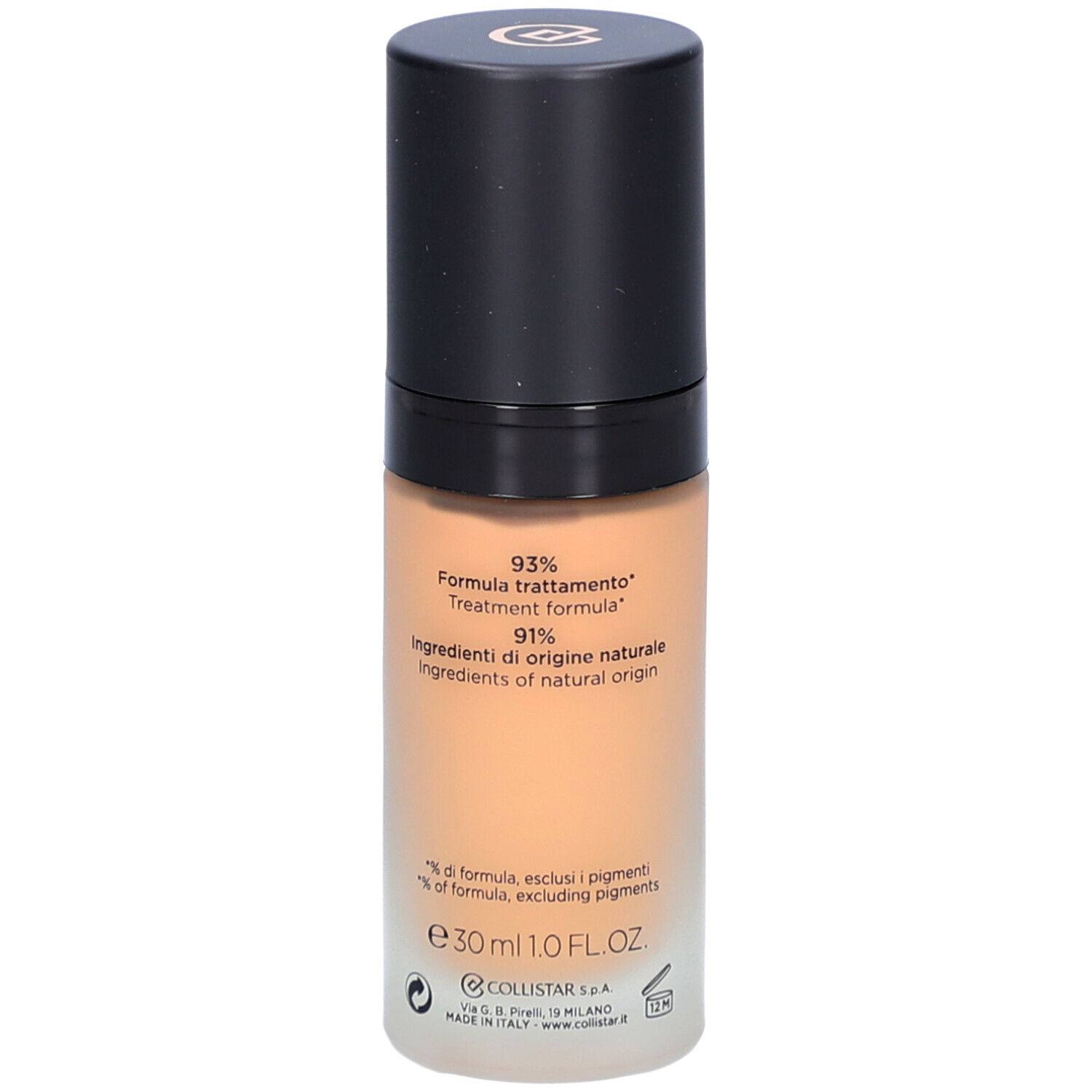 Foundation-Flakon, Rückseite. Aufschrift: 93% Formel, 91% Inhaltsstoffe natürlichen Ursprungs, 30 ml.