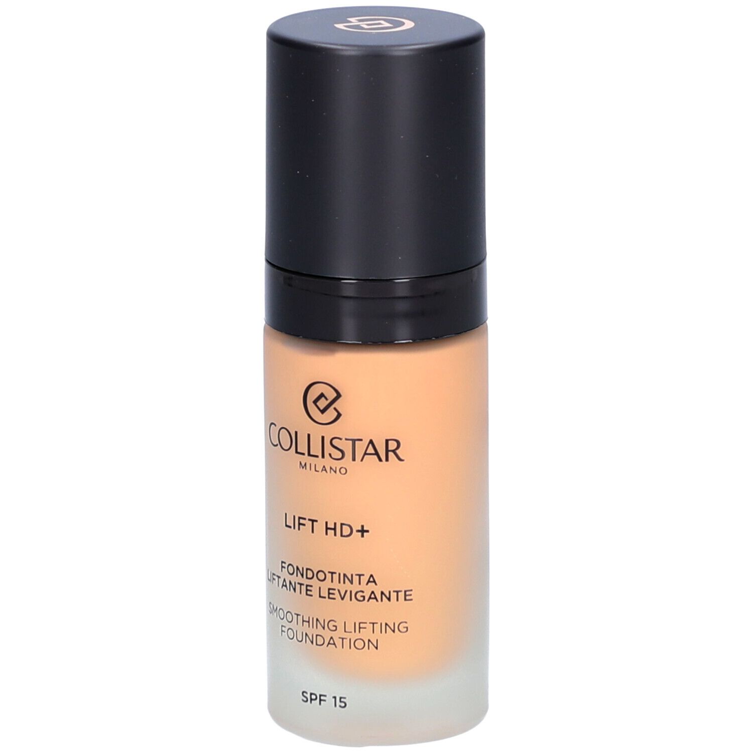 Foundation-Flakon mit schwarzem Deckel. Aufschrift: Collistar, Lift HD+, Smoothing Lifting Foundation, SPF 15.
