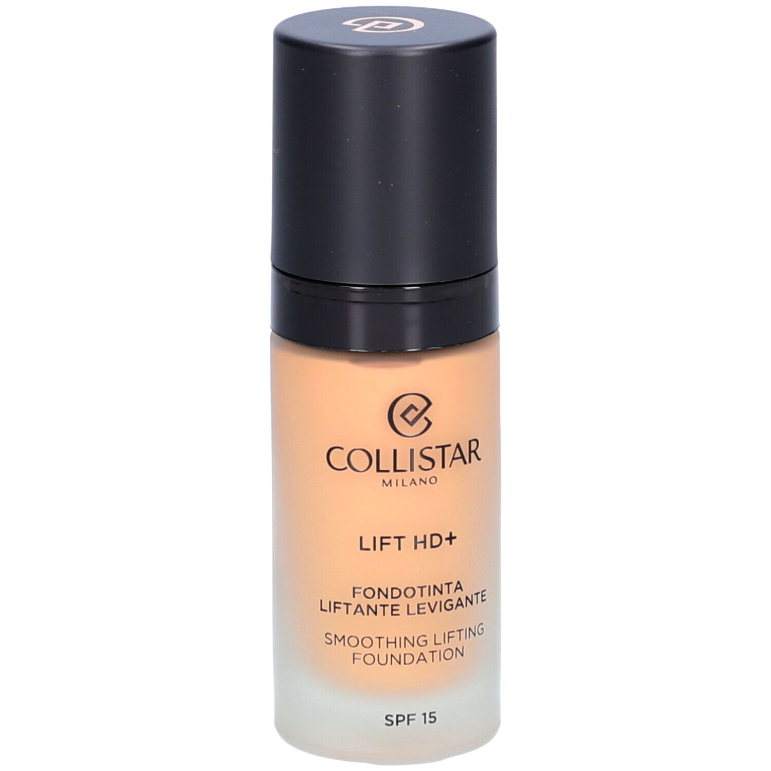Foundation-Flakon mit schwarzem Deckel. Aufschrift: Collistar, Lift HD+, Smoothing Lifting Foundation, SPF 15.