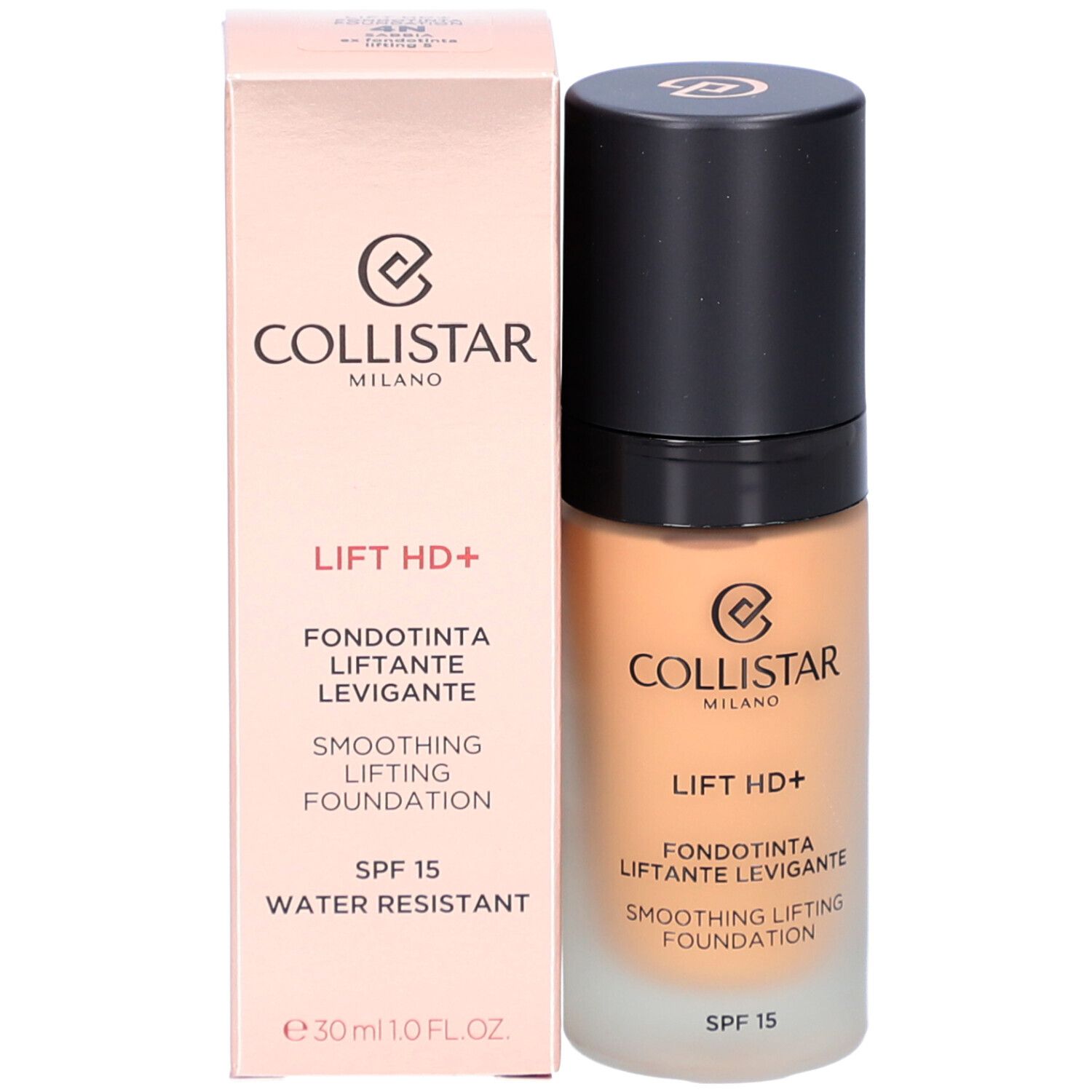 Foundation-Flakon und Verpackung. Aufschrift: Collistar, Lift HD+, Smoothing Lifting Foundation, SPF 15, Water Resistant.