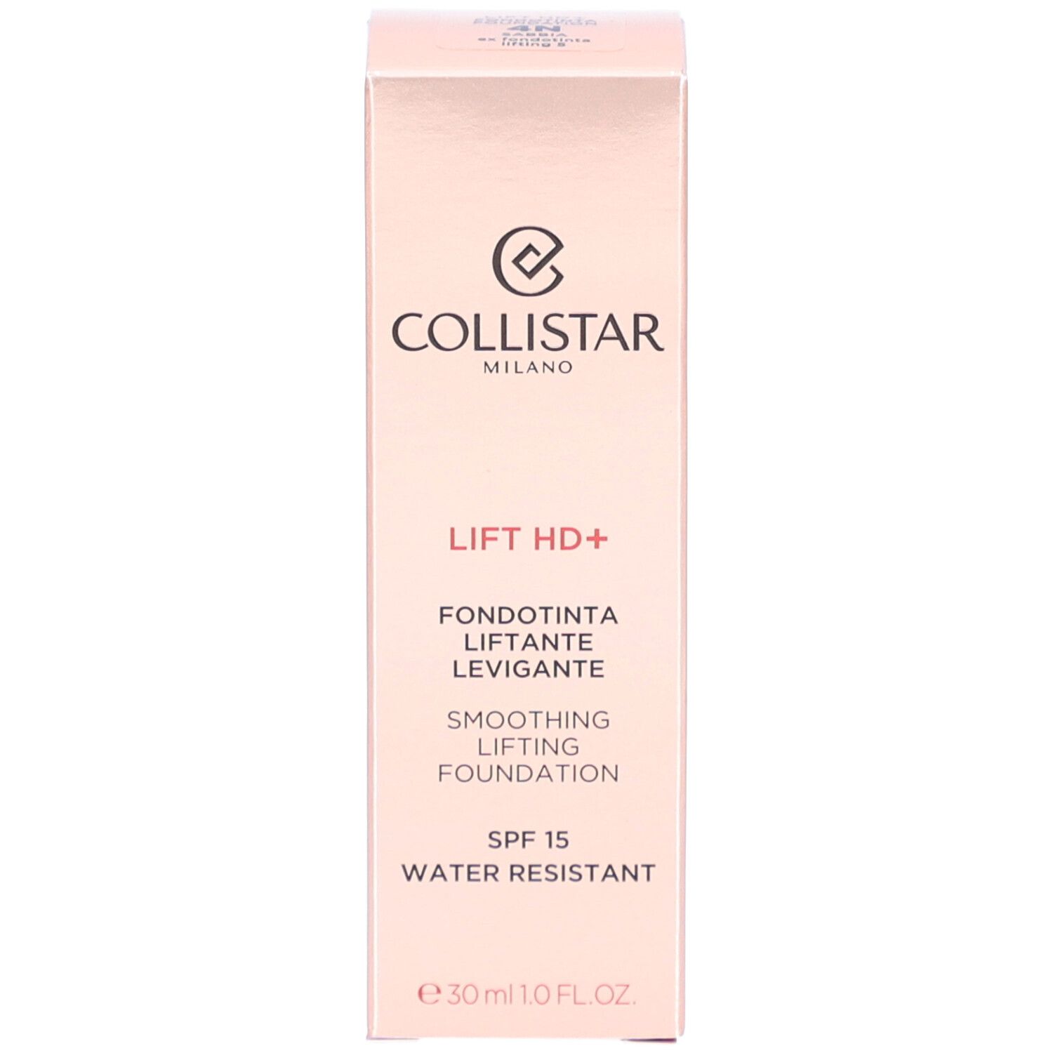 Verpackung. Aufschrift: Collistar, Lift HD+, Smoothing Lifting Foundation, SPF 15, Water Resistant.