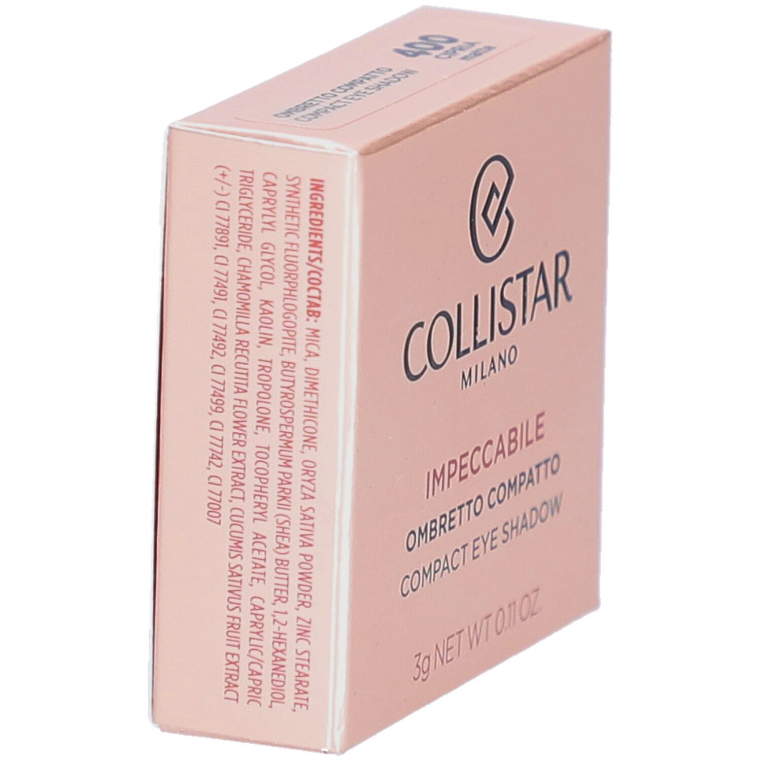 Kompakte Lidschatten-Verpackung. Marke Collistar, Impeccabile. Inhaltsstoffe auf der Seite. 3g.