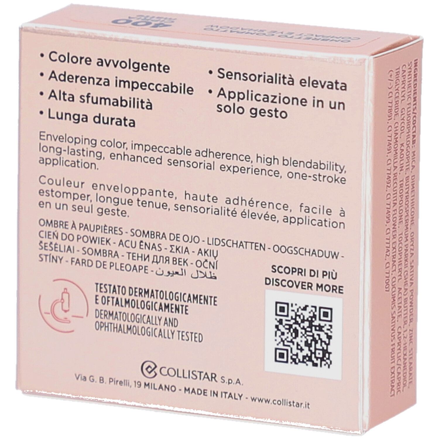 Rückseite der Lidschatten-Verpackung. Marke Collistar. Text: dermatologisch und augenärztlich getestet. QR-Code.