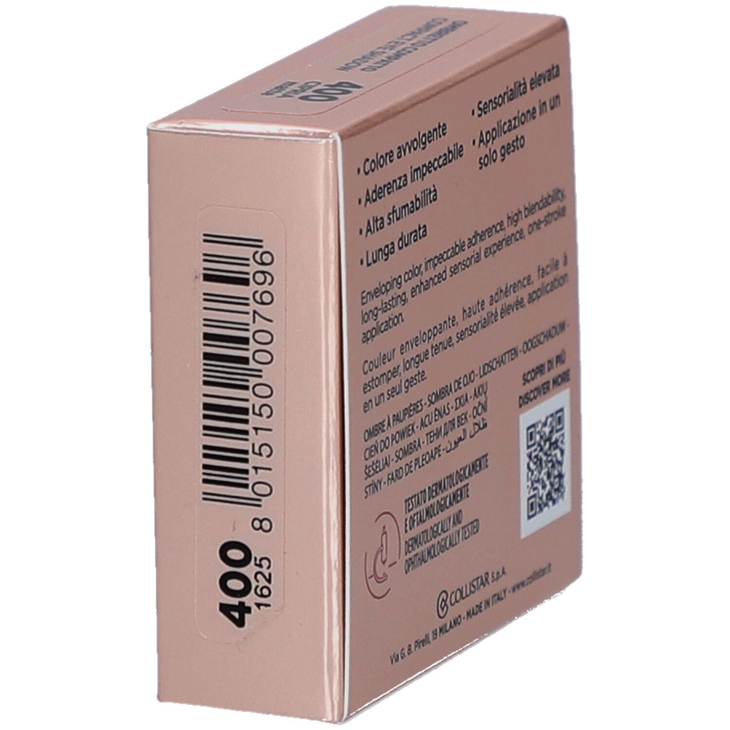 Rückseite der Lidschatten-Verpackung. Marke Collistar. Text: dermatologisch und augenärztlich getestet. QR-Code.
