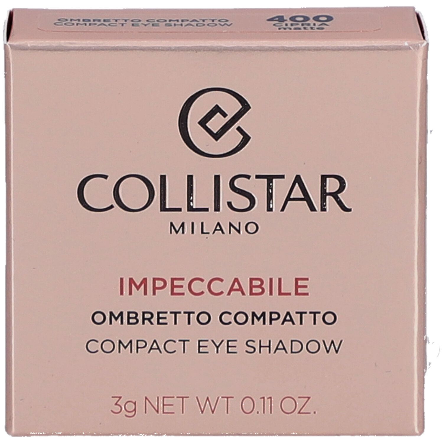 Kompakte Lidschatten-Verpackung. Marke Collistar, Schriftzug Impeccabile. Farbton 400 Cipria Matte. 3g.