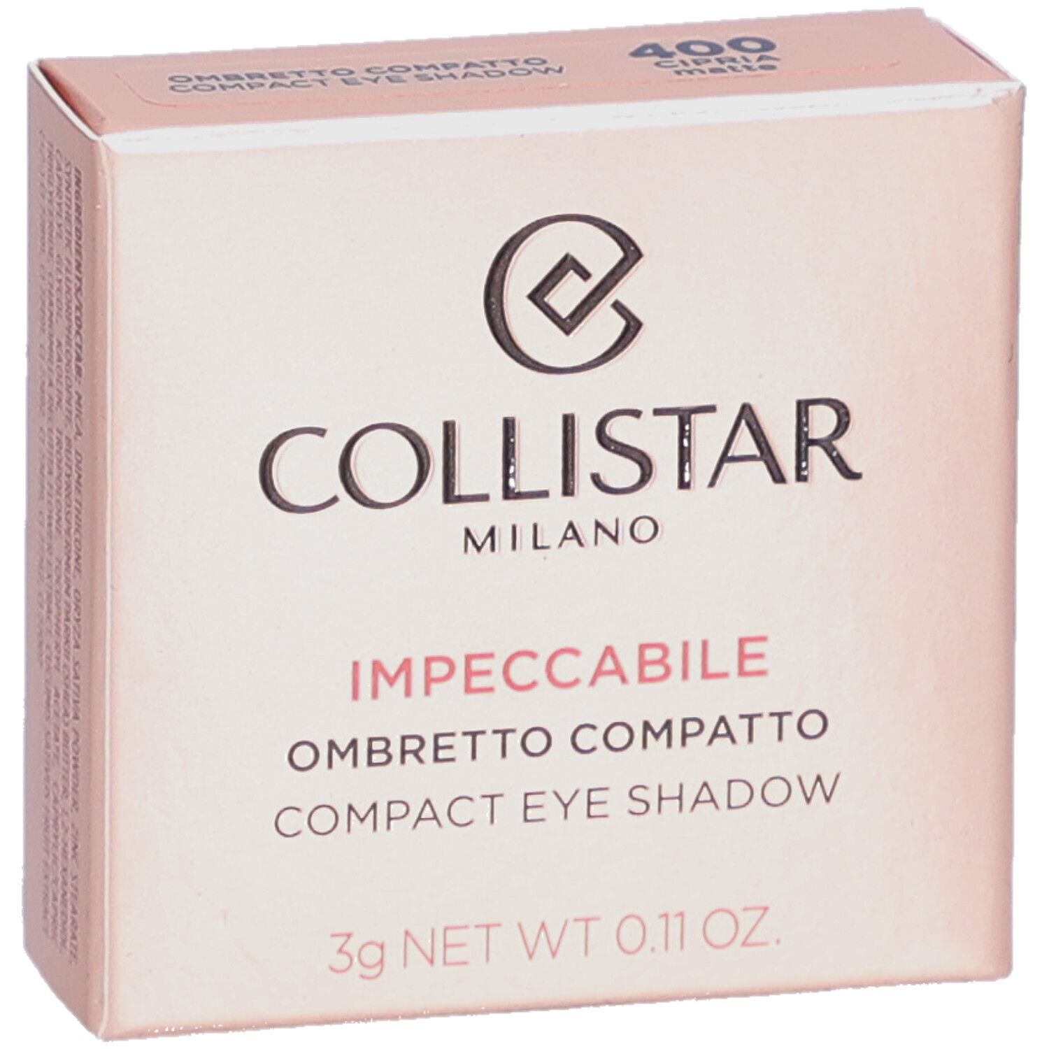 Kompakte Lidschatten-Verpackung. Marke Collistar, Schriftzug Impeccabile. Farbton 400 Cipria Matte. 3g.
