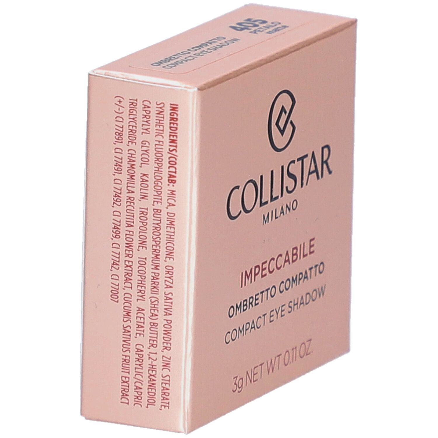 Kompakte Lidschatten-Verpackung. Rosa Farbton. Marke Collistar. Inhaltsstoffe aufgedruckt.