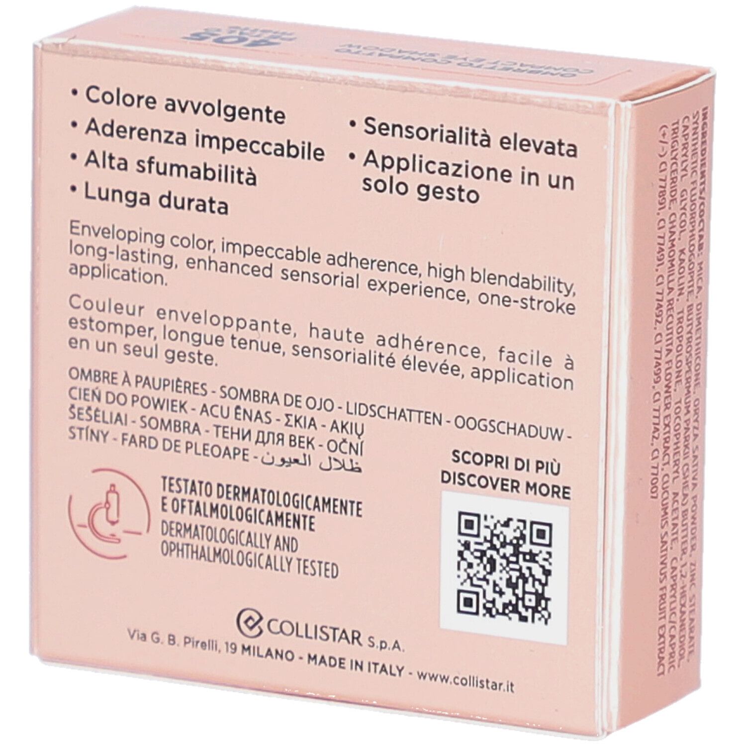 Rückseite der Lidschatten-Verpackung. Text in mehreren Sprachen. Dermatologisch und ophthalmologisch getestet.