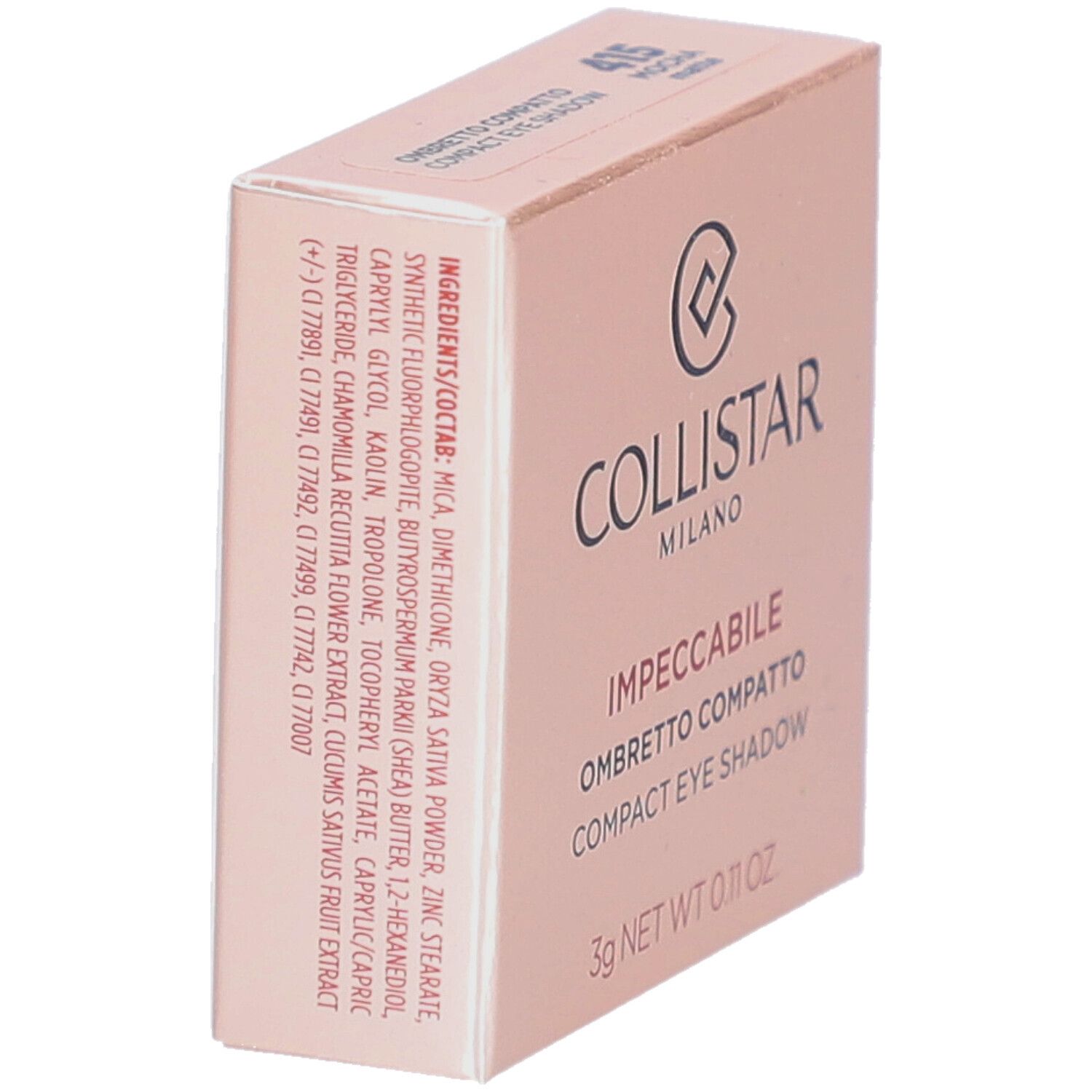 Kompakte Lidschatten-Verpackung. Marke Collistar. Rückseite mit Inhaltsstoffen und Logo.