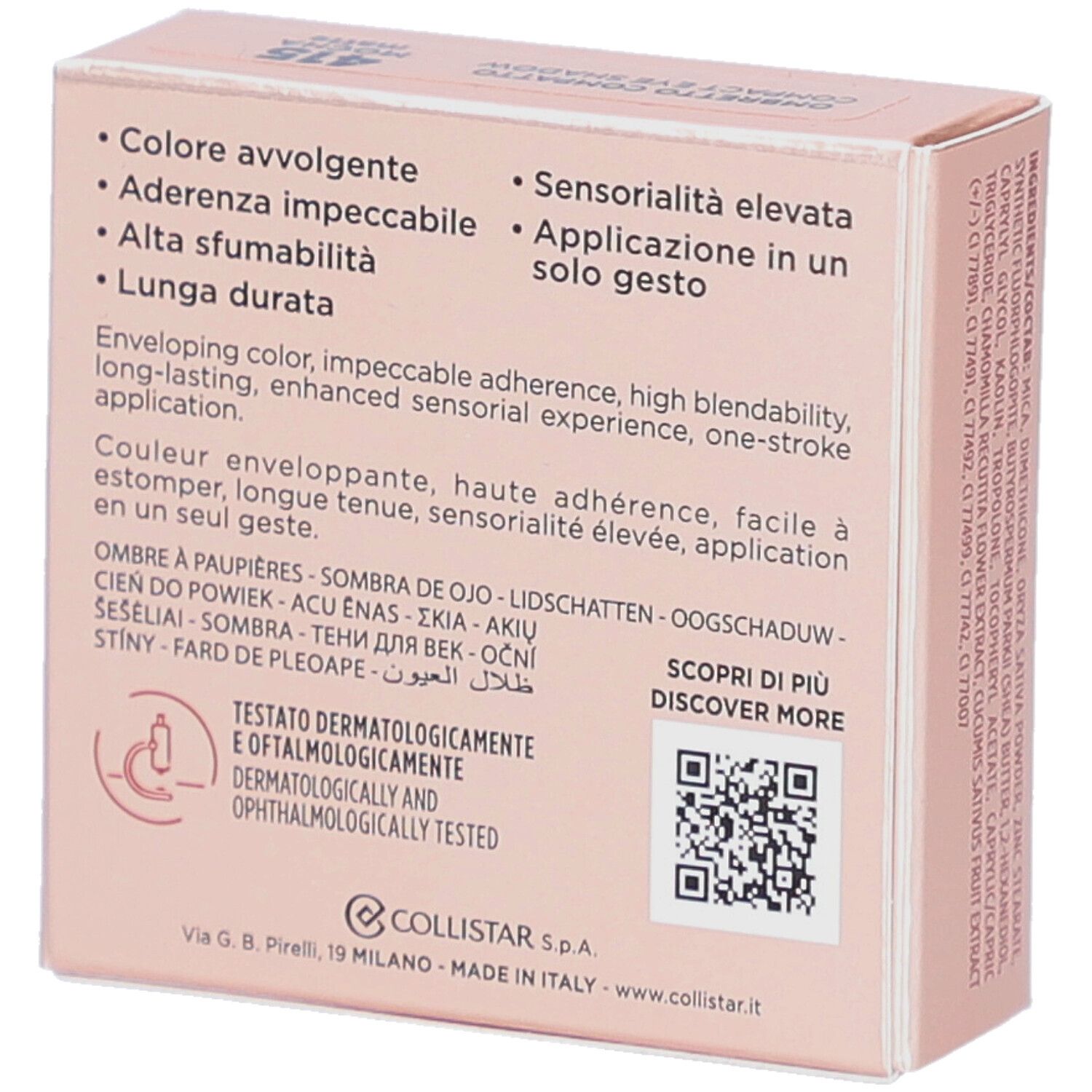 Kompakte Lidschatten-Verpackung. Marke Collistar. Rückseite mit Produktmerkmalen und Logo.