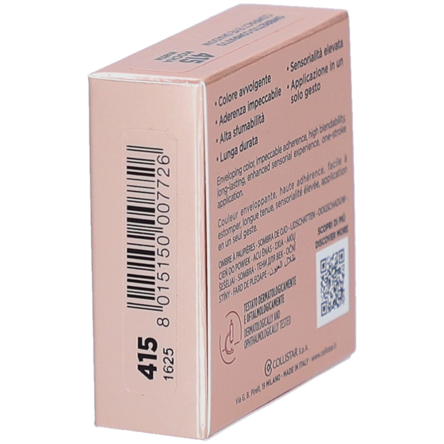 Kompakte Lidschatten-Verpackung. Marke Collistar. Rückseite mit Produktmerkmalen und Logo.