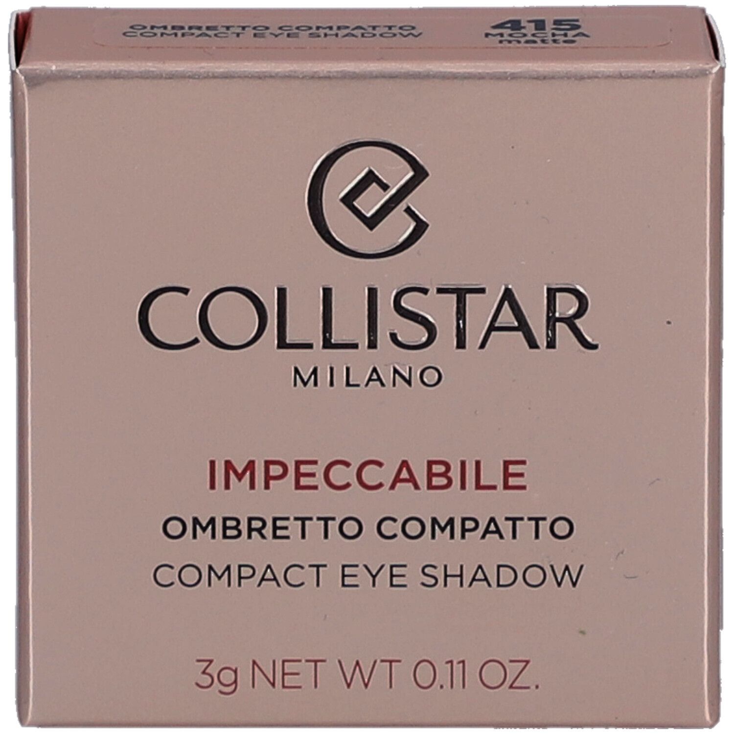 Kompakte Lidschatten-Verpackung. Marke Collistar. Rosa-farbener Karton mit Produktinformationen und Logo.