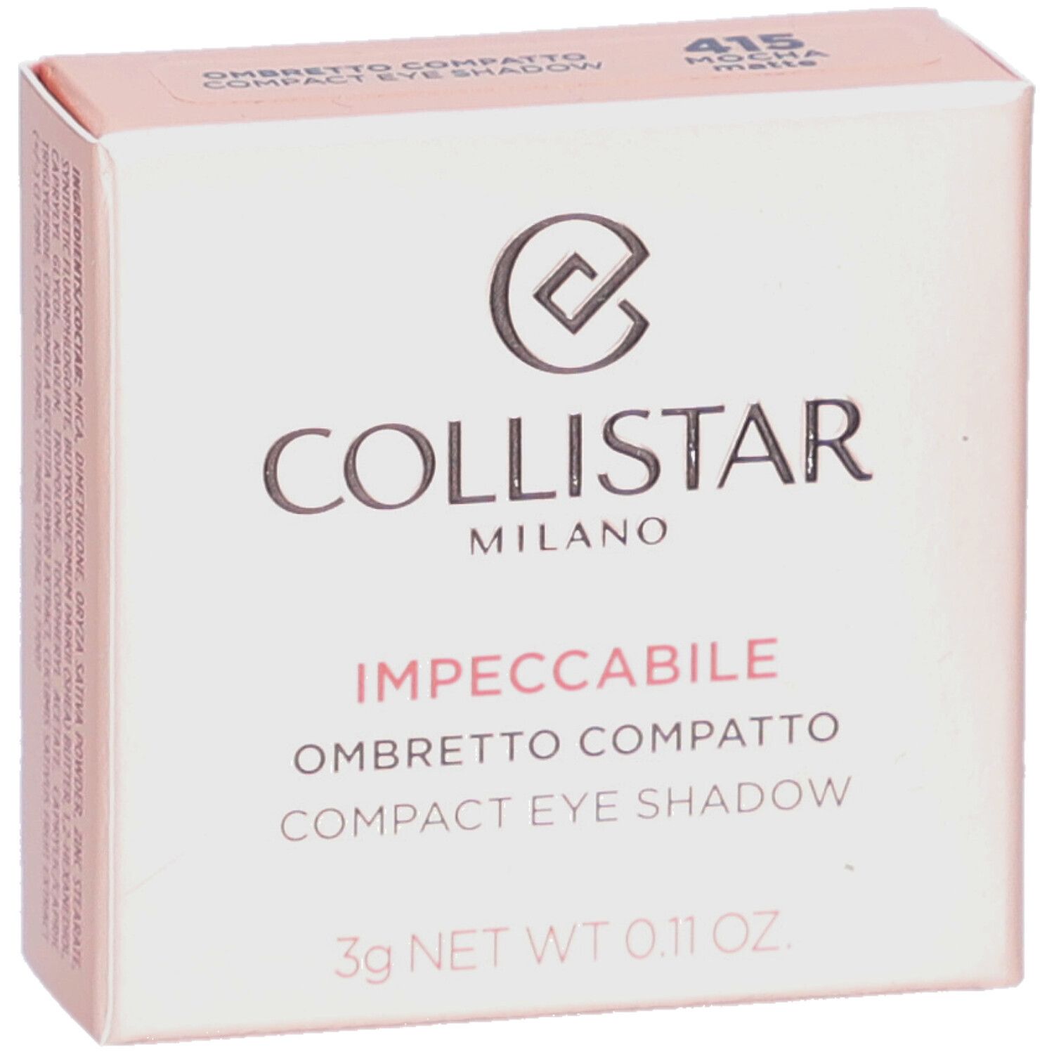 Kompakte Lidschatten-Verpackung. Marke Collistar. Rosa-farbener Karton mit Produktinformationen und Logo.