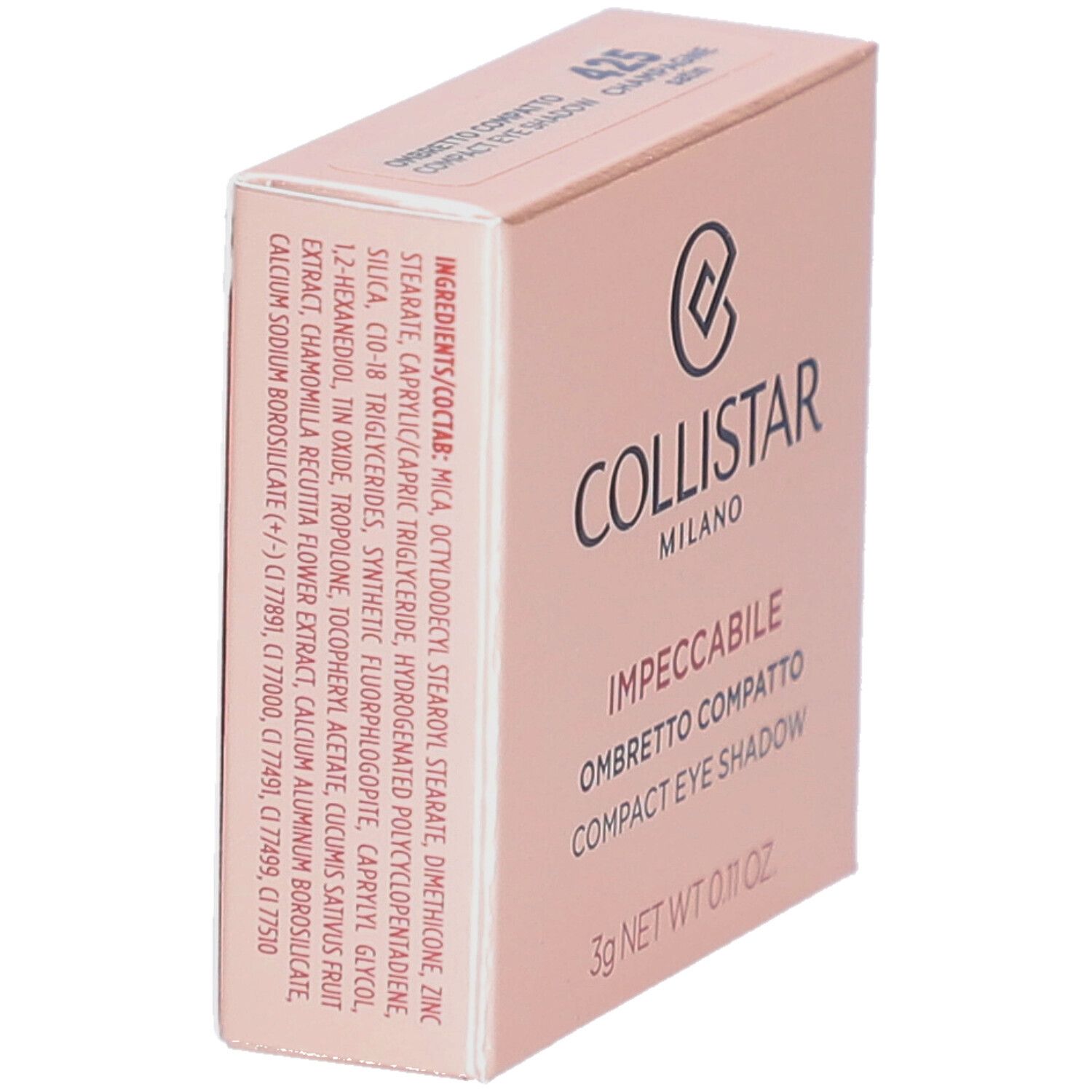 Rosa Schachtel mit Lidschatten. Marke: Collistar. Text: Impeccabile Compact Eyeshadow. Inhaltsstoffe und Produktinformationen sind sichtbar.