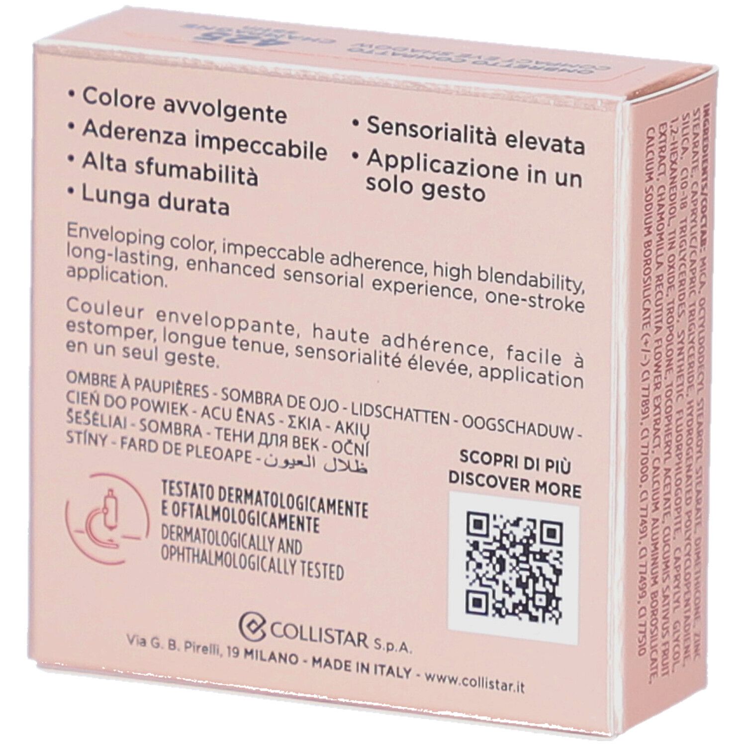 Rückseite der rosa Lidschattenverpackung. Text: Eigenschaften, Inhaltsstoffe, dermatologisch und ophthalmologisch getestet.