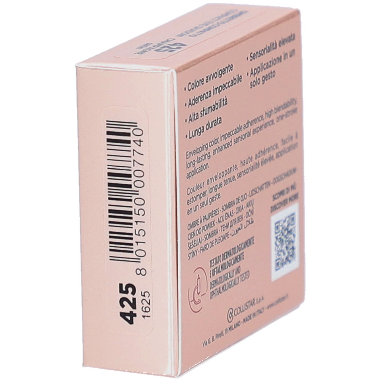 Rosa Lidschattenverpackung. Text: Eigenschaften, dermatologisch und ophthalmologisch getestet. Farbcode: 425.