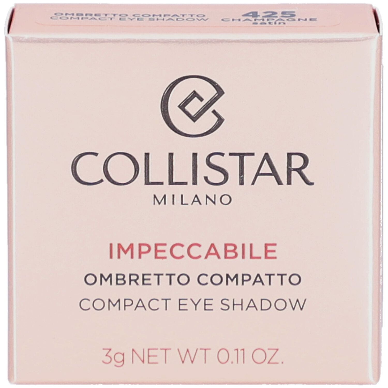 Kompakter Lidschatten in einer rosa Schachtel. Marke: Collistar. Text: Impeccabile Compact Eyeshadow. Farbe: 425 Champagne Satin.