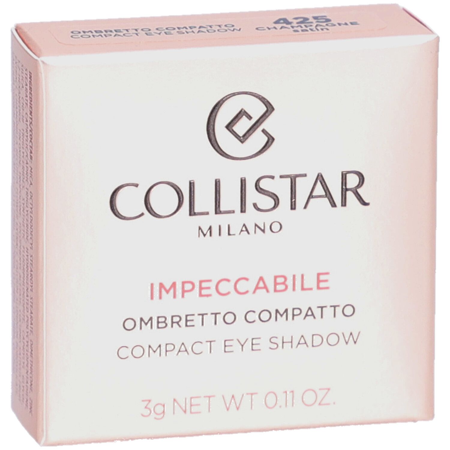 Kompakter Lidschatten in einer rosa Schachtel. Marke: Collistar. Text: Impeccabile Compact Eyeshadow. Farbe: 425 Champagne Satin.