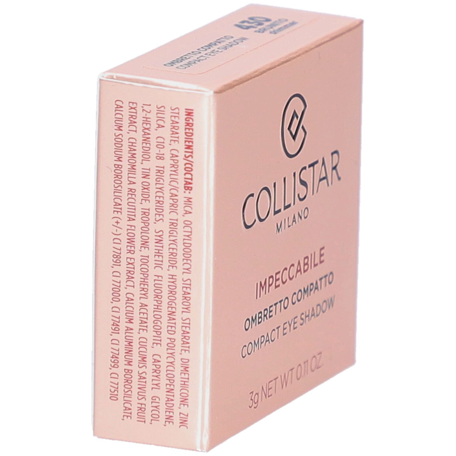 Rosa Verpackung mit Inhaltsstoffen. Marke Collistar, Schriftzug Impeccabile. Farbton 430 Brunito Shimmer.