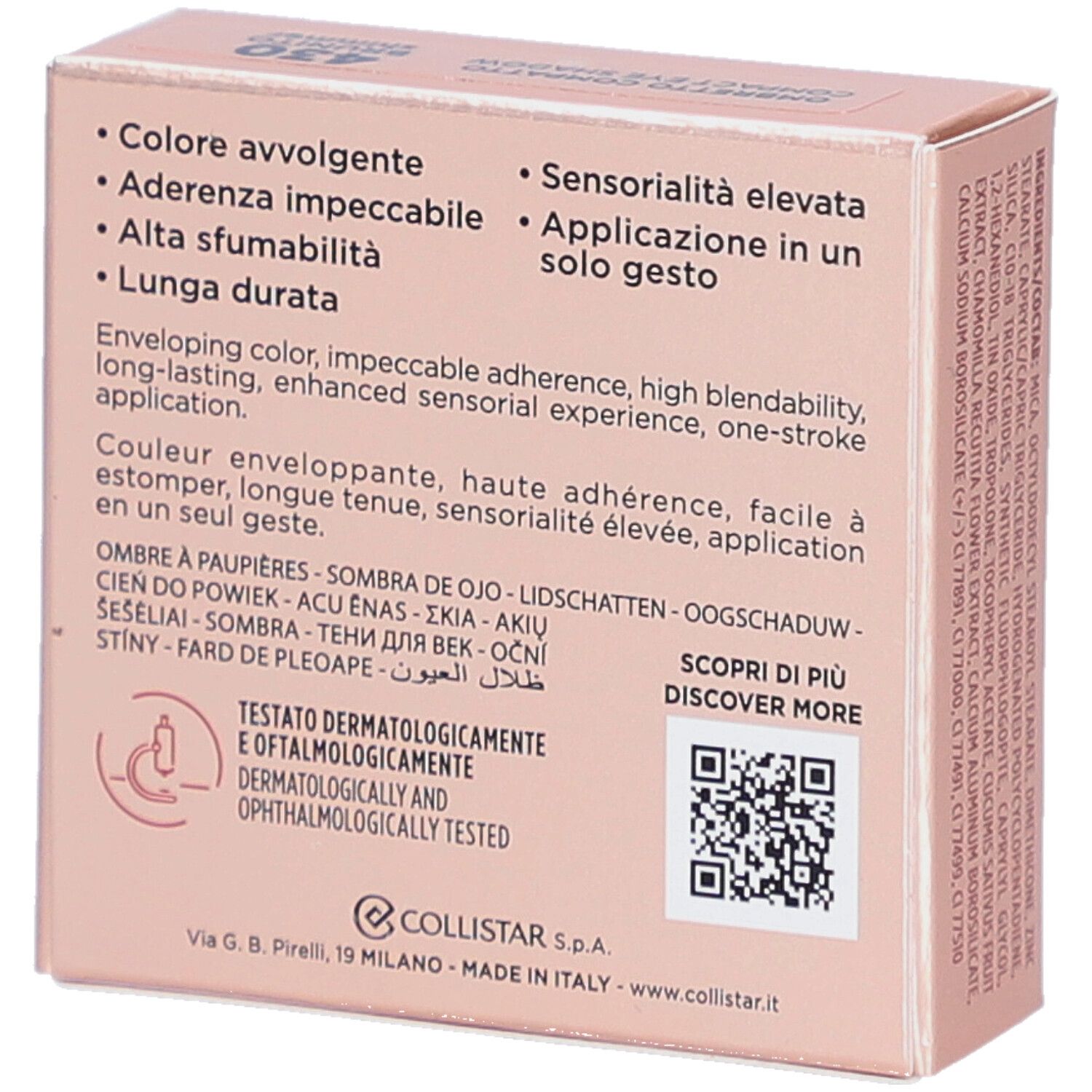 Rückseite der rosa Verpackung. Text in mehreren Sprachen. Marke Collistar. Dermatologisch und ophthalmologisch getestet.