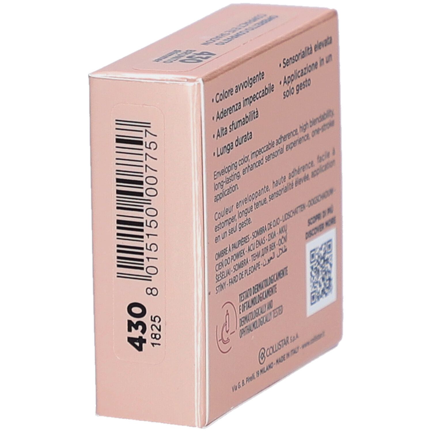 Rosa Verpackung mit Barcode und Farbton 430. Marke Collistar, Schriftzug Impeccabile. Dermatologisch und ophthalmologisch getestet.