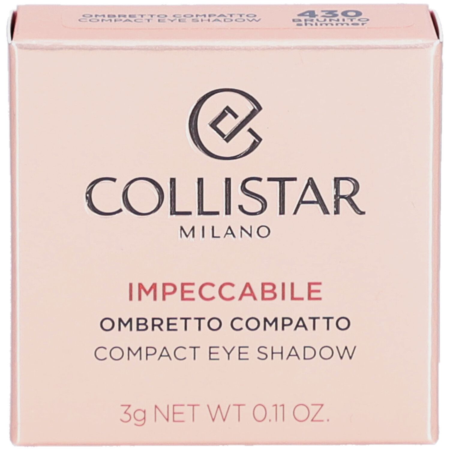 Kompakter Lidschatten in rosa Verpackung. Marke Collistar, Schriftzug Impeccabile. Farbton 430 Brunito Shimmer.