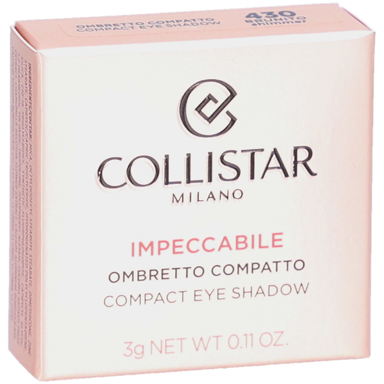 Kompakter Lidschatten in rosa Verpackung. Marke Collistar, Schriftzug Impeccabile. Farbton 430 Brunito Shimmer.