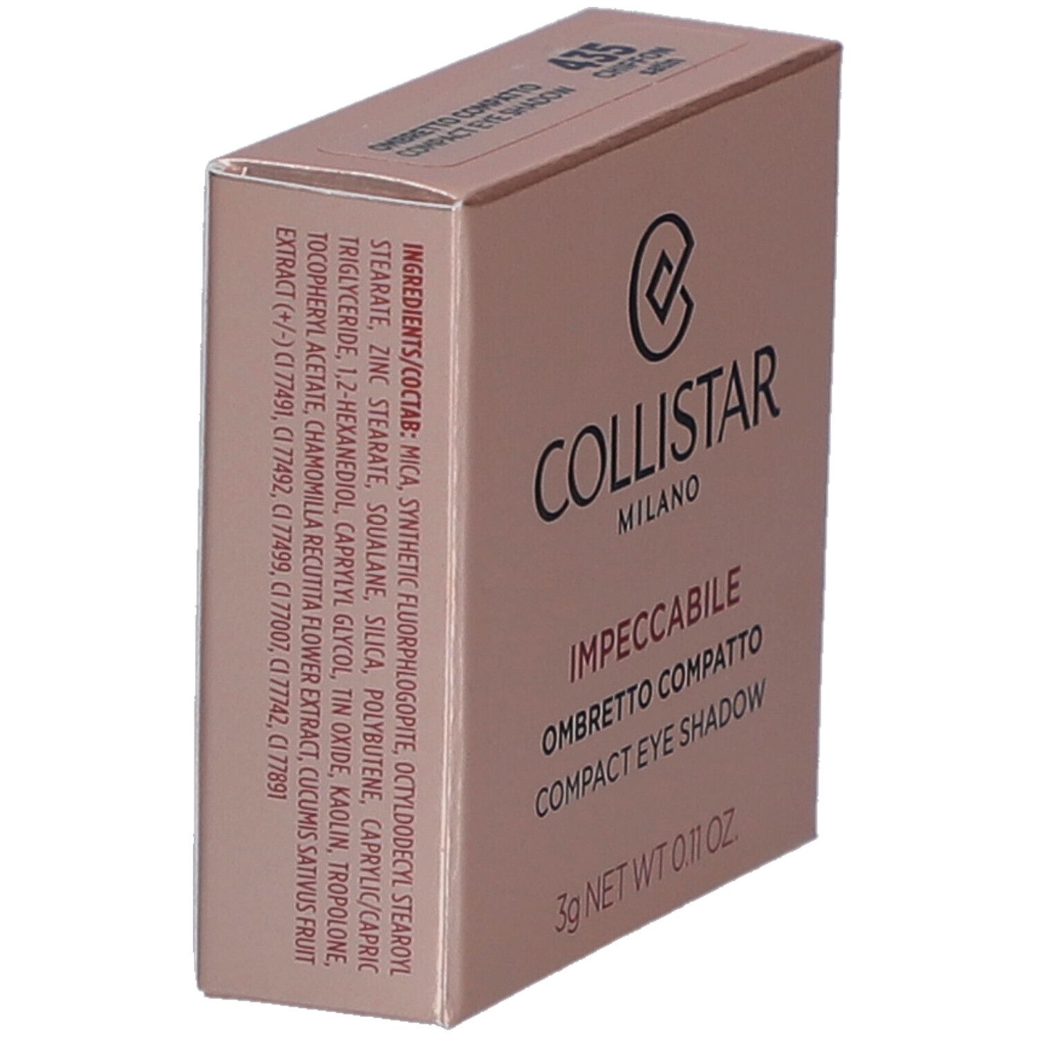 Rosafarbene Schachtel. Collistar Milano, Impeccabile Compact Eyeshadow. 435 Chiffon Satin. Zutatenliste.