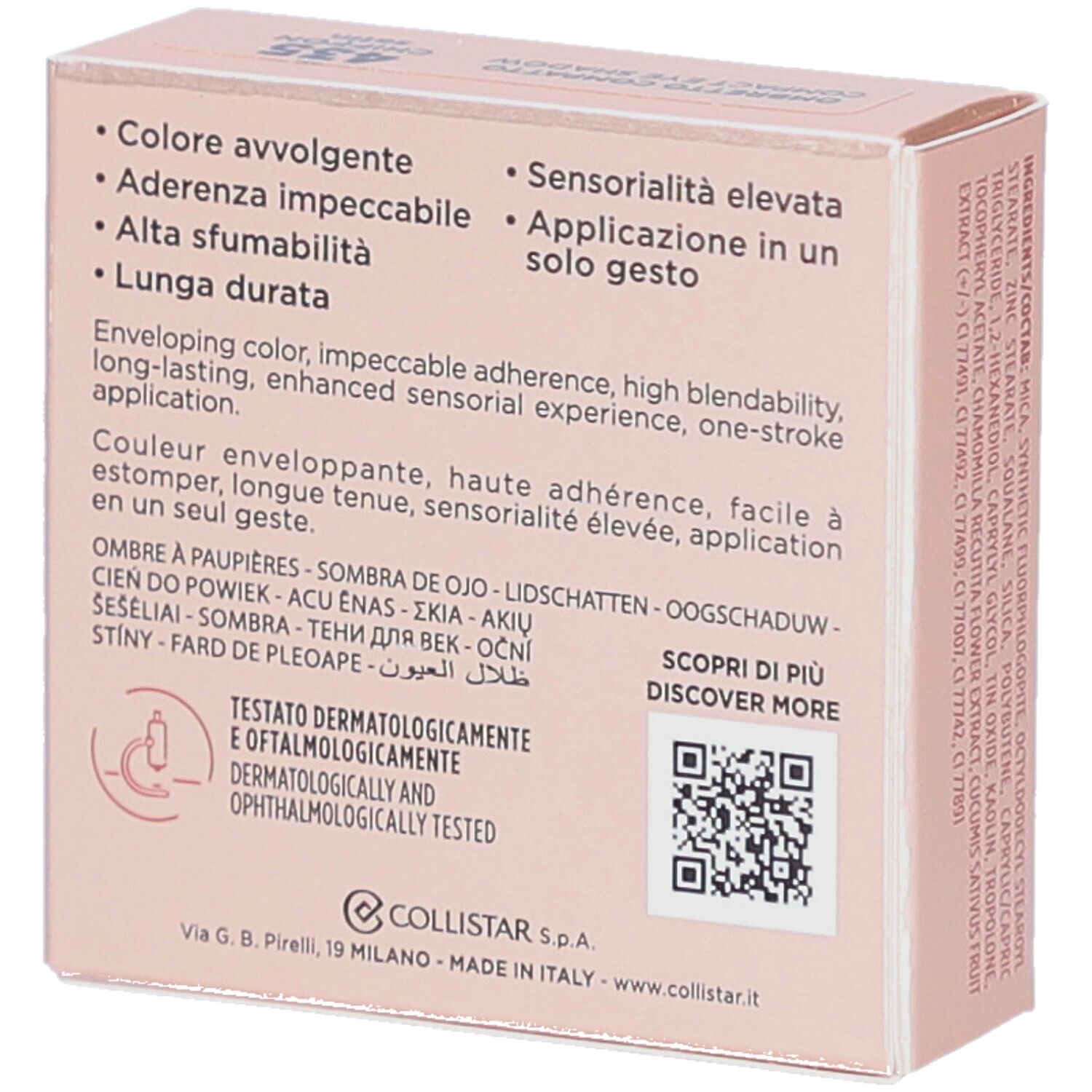 Rosafarbene Schachtel. Collistar Milano, Impeccabile Compact Eyeshadow. Text auf Italienisch, Englisch, Französisch.