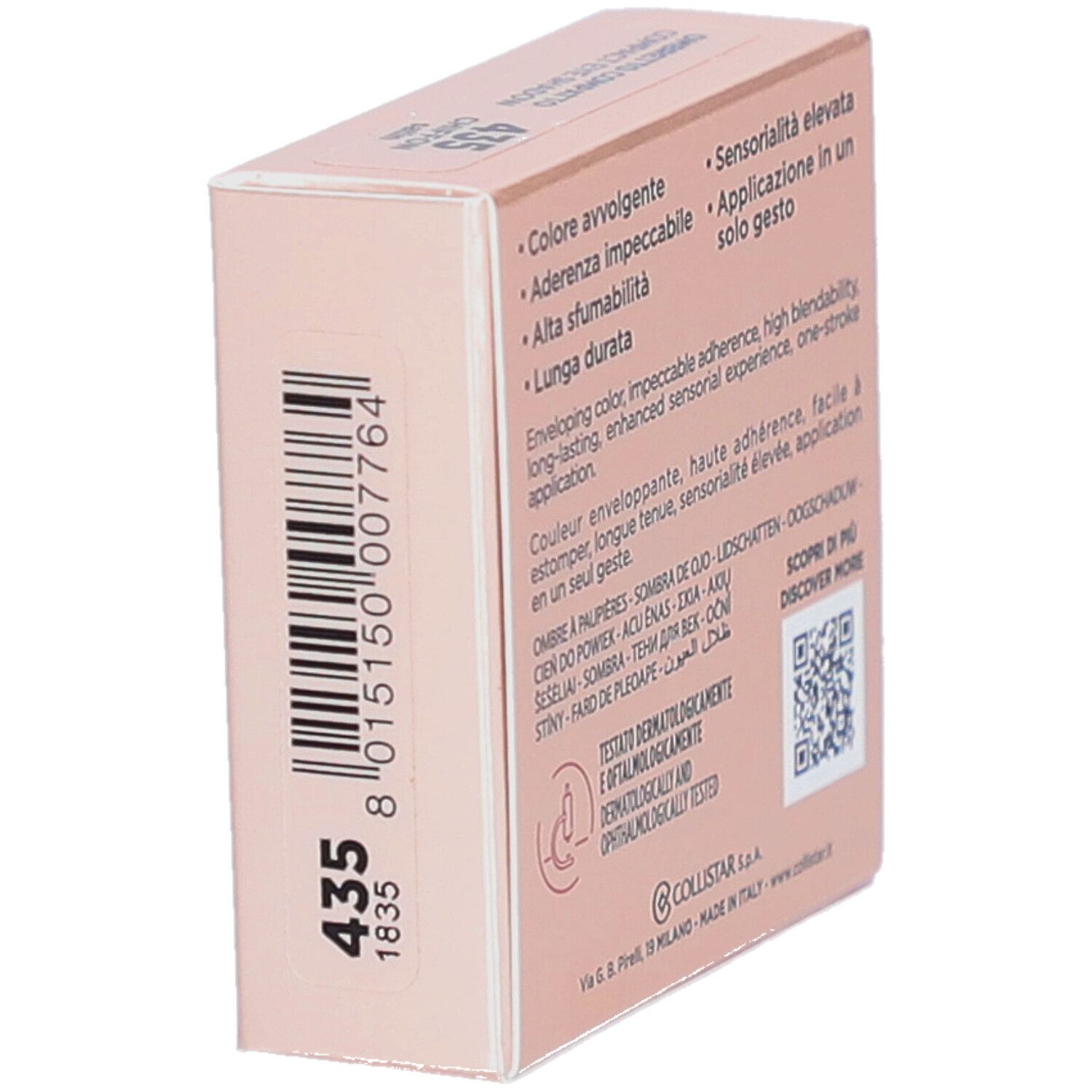 Rosafarbene Schachtel. Collistar Milano, Impeccabile Compact Eyeshadow. Barcode und Farbnummer 435.