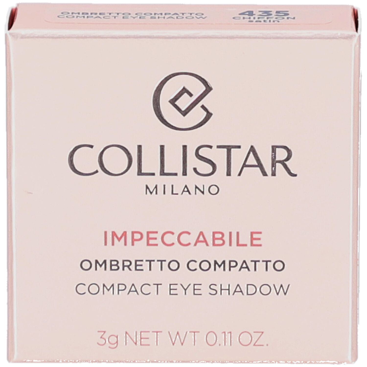 Rosafarbene Schachtel. Collistar Milano, Impeccabile Compact Eyeshadow. 435 Chiffon Satin. 3g. Mit Logo.
